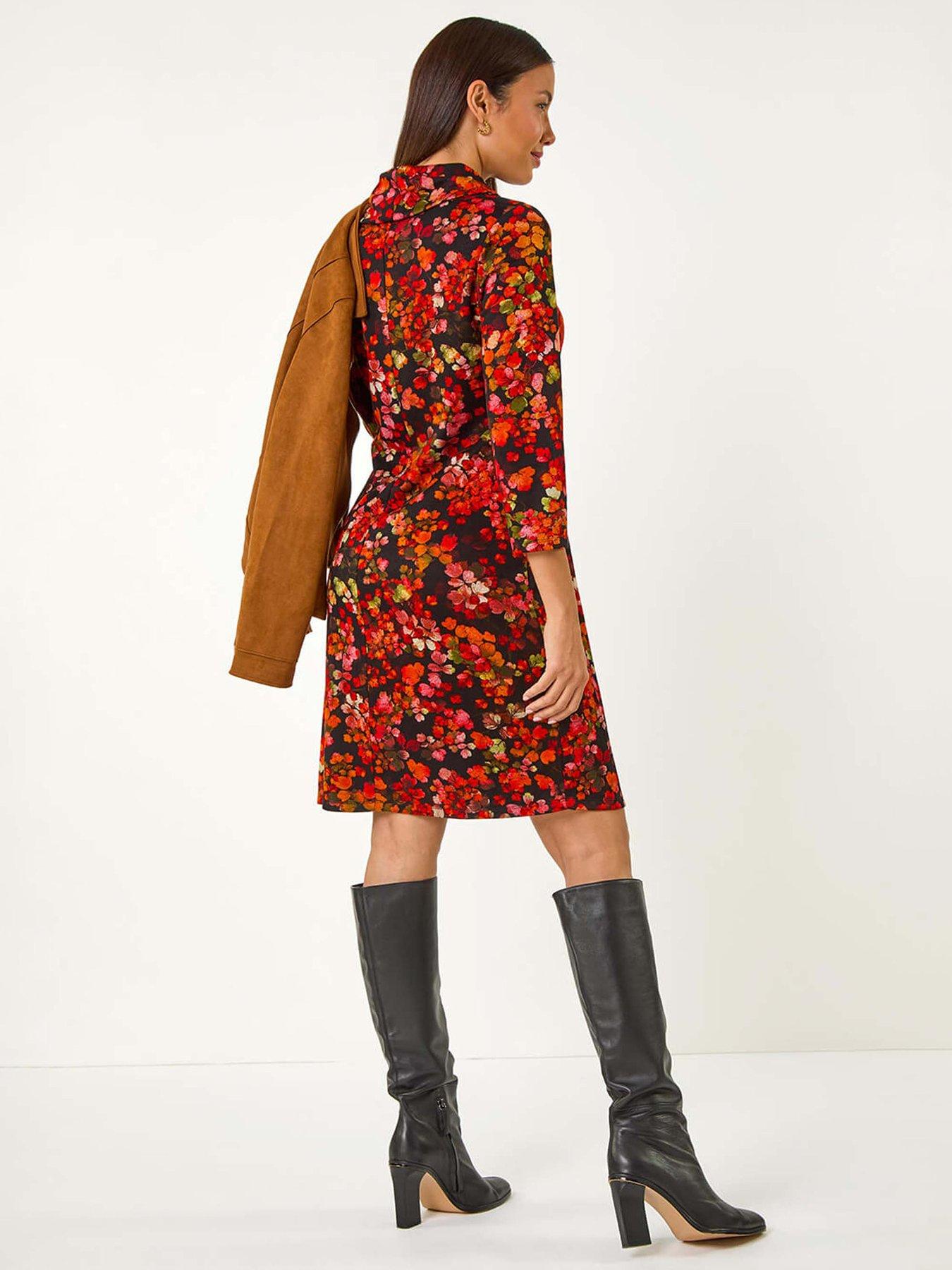 Image 2 of 5 of Roman Leaf Print Cowl Neck Tab Detail Dress - Red