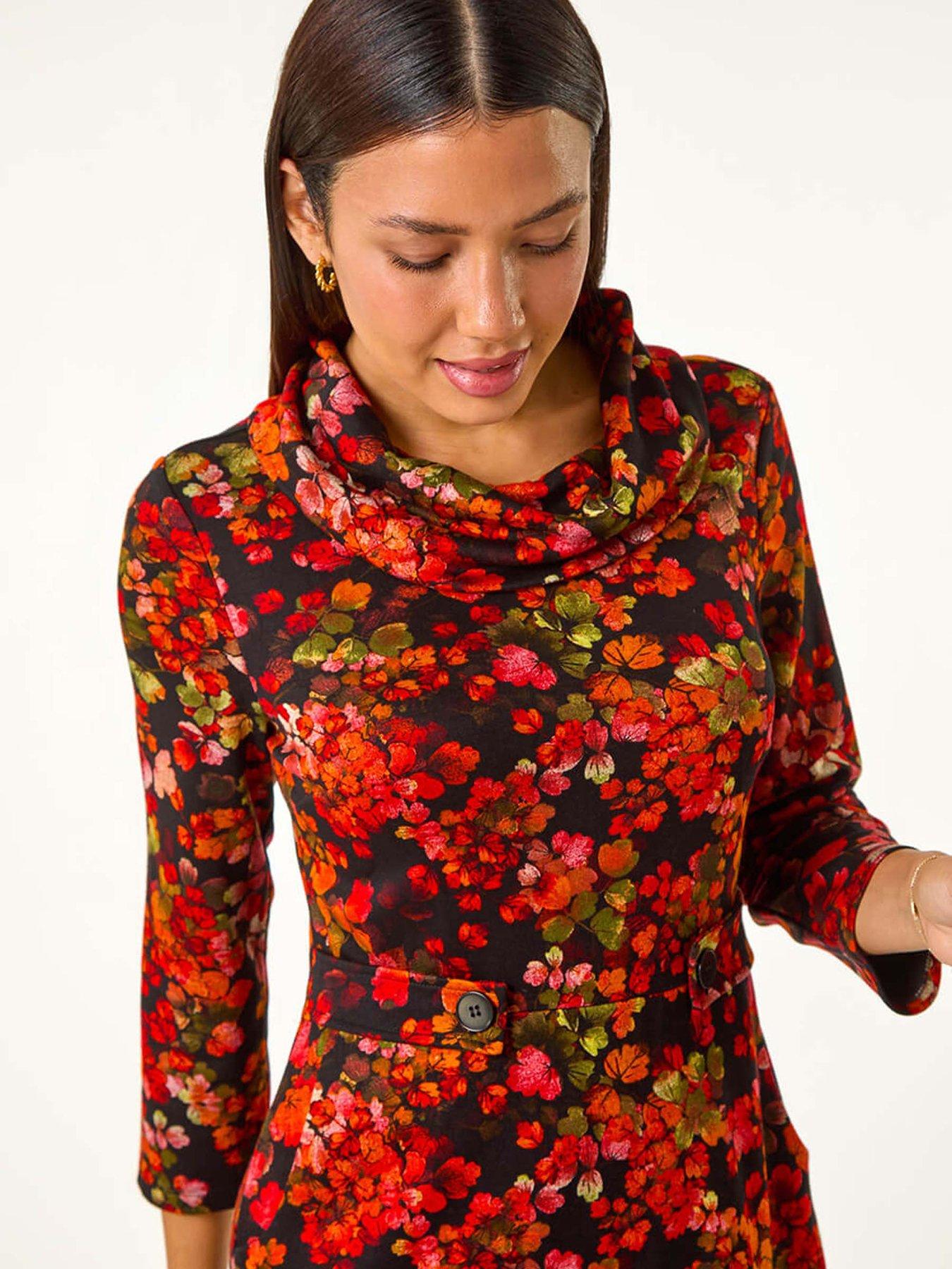 Image 4 of 5 of Roman Leaf Print Cowl Neck Tab Detail Dress - Red