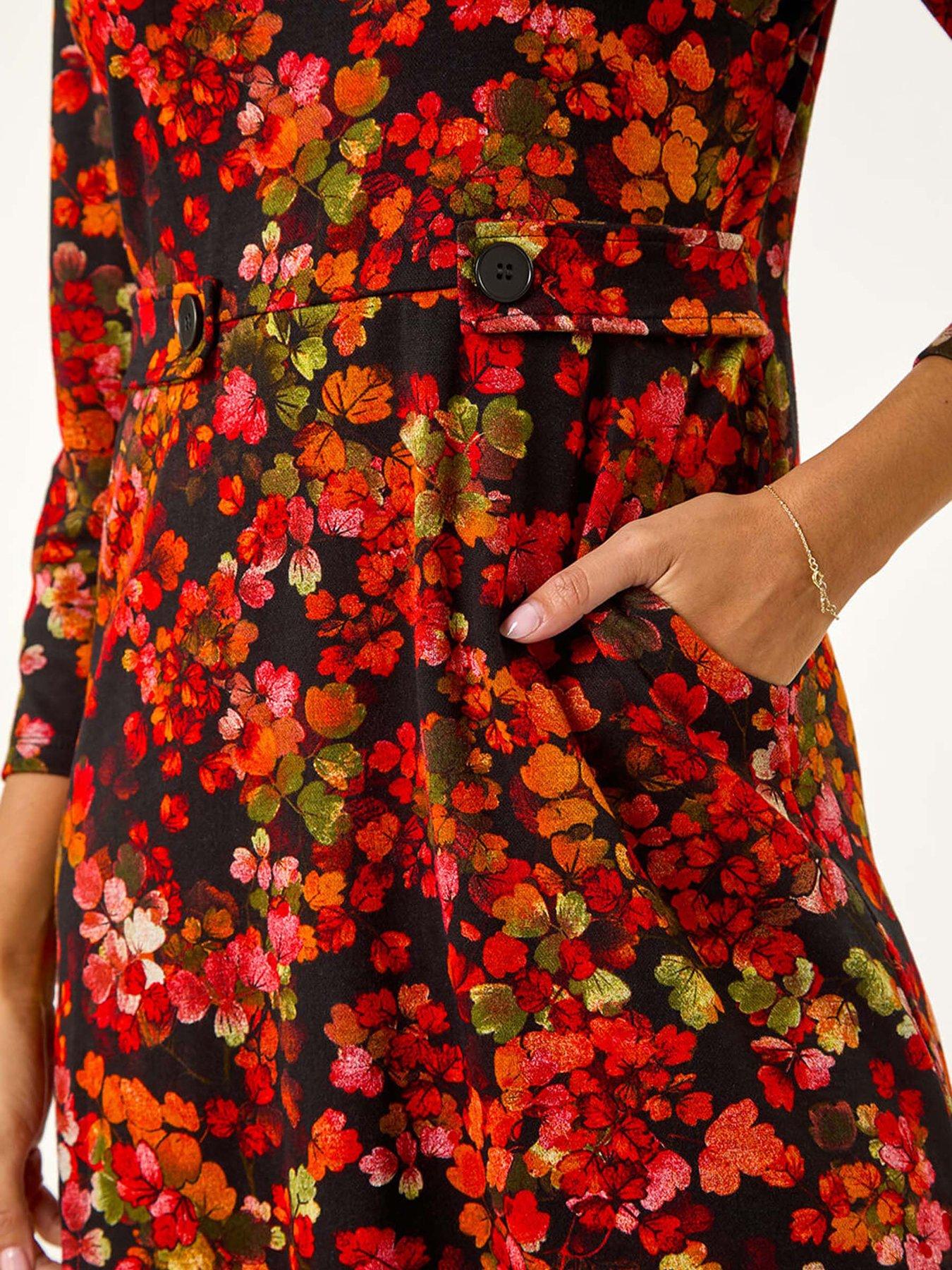 Image 5 of 5 of Roman Leaf Print Cowl Neck Tab Detail Dress - Red