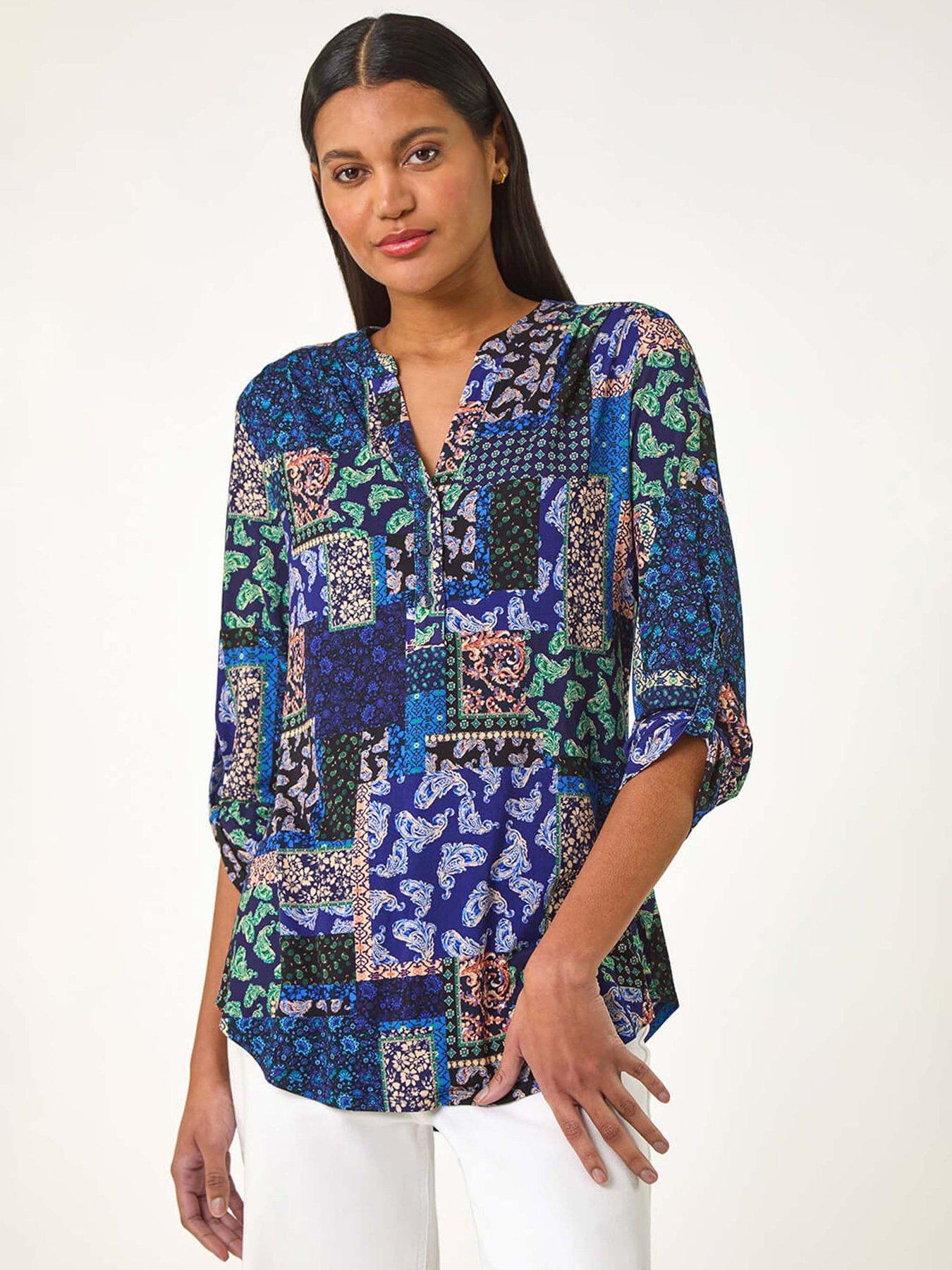 Image 1 of 5 of Roman Paisley Contrast Print Stretch Top - Navy