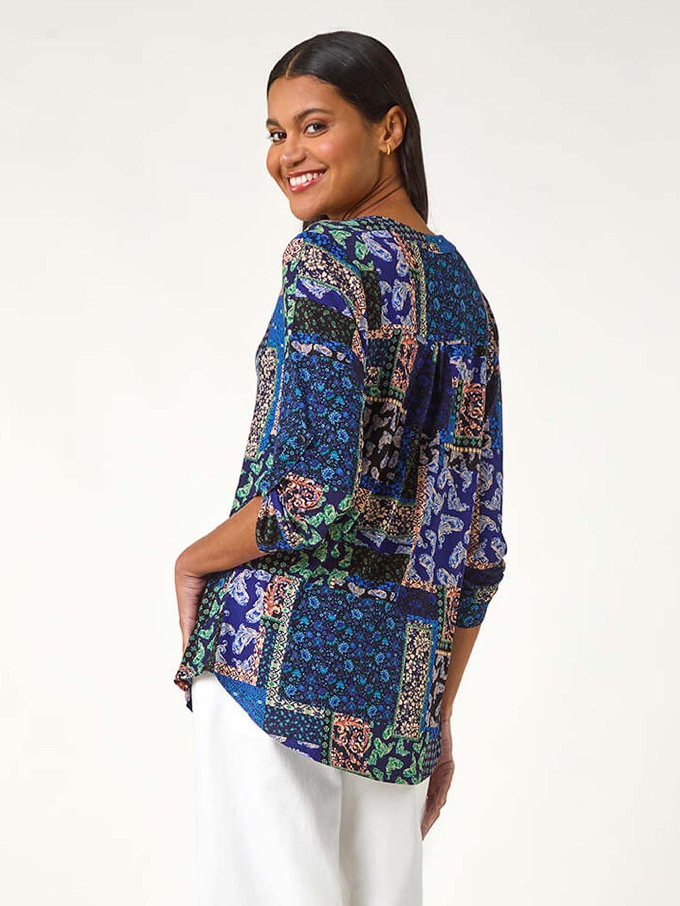 Image 2 of 5 of Roman Paisley Contrast Print Stretch Top - Navy