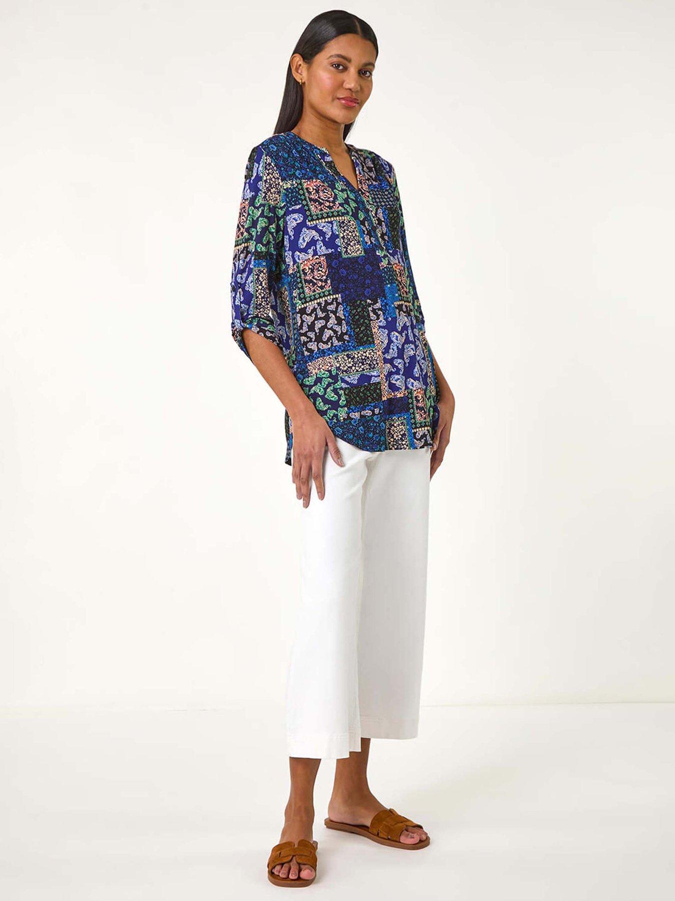 Image 3 of 5 of Roman Paisley Contrast Print Stretch Top - Navy