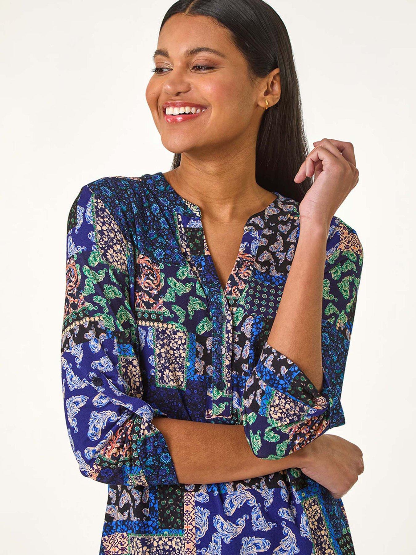 Image 4 of 5 of Roman Paisley Contrast Print Stretch Top - Navy