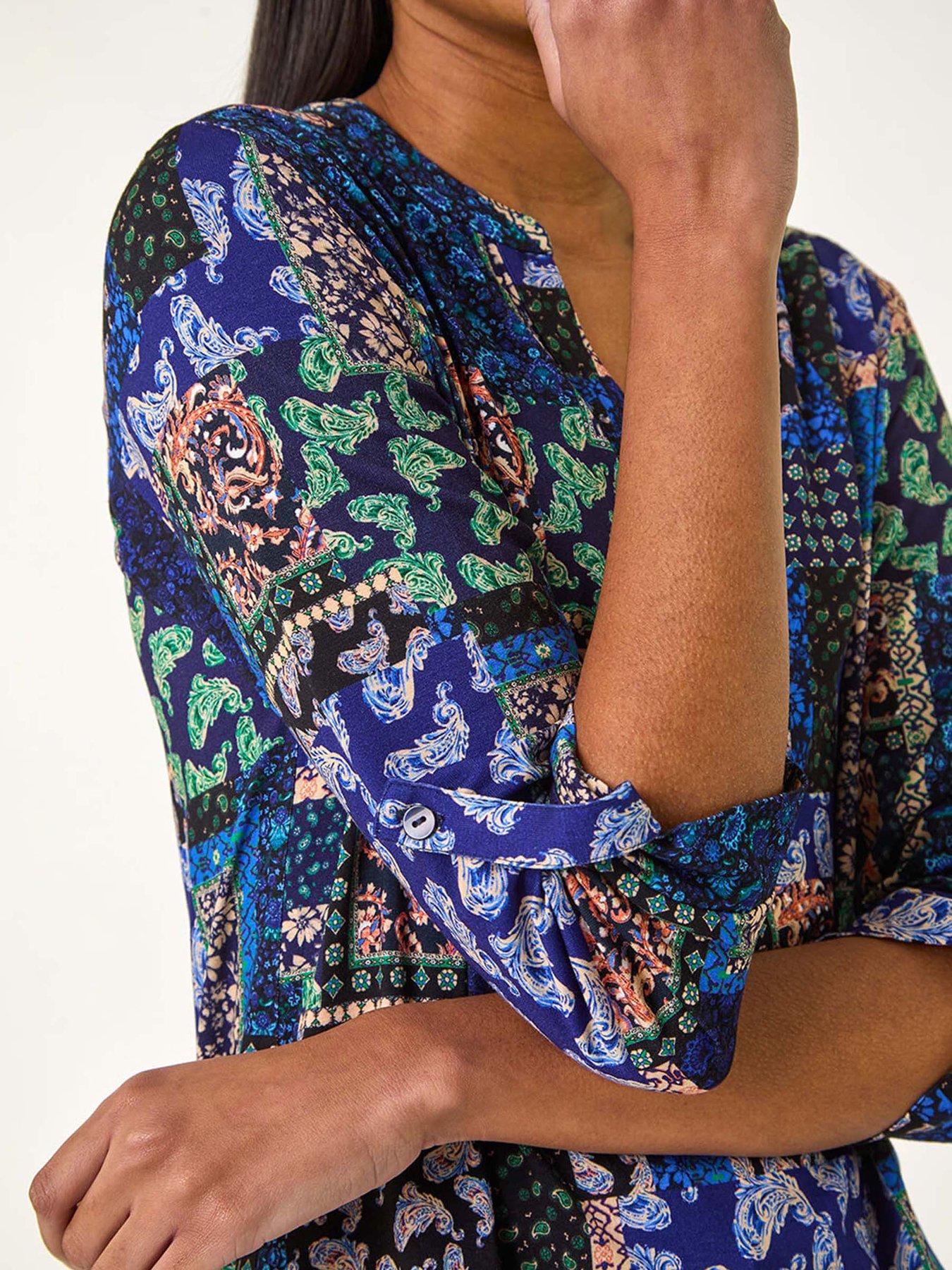 Image 5 of 5 of Roman Paisley Contrast Print Stretch Top - Navy