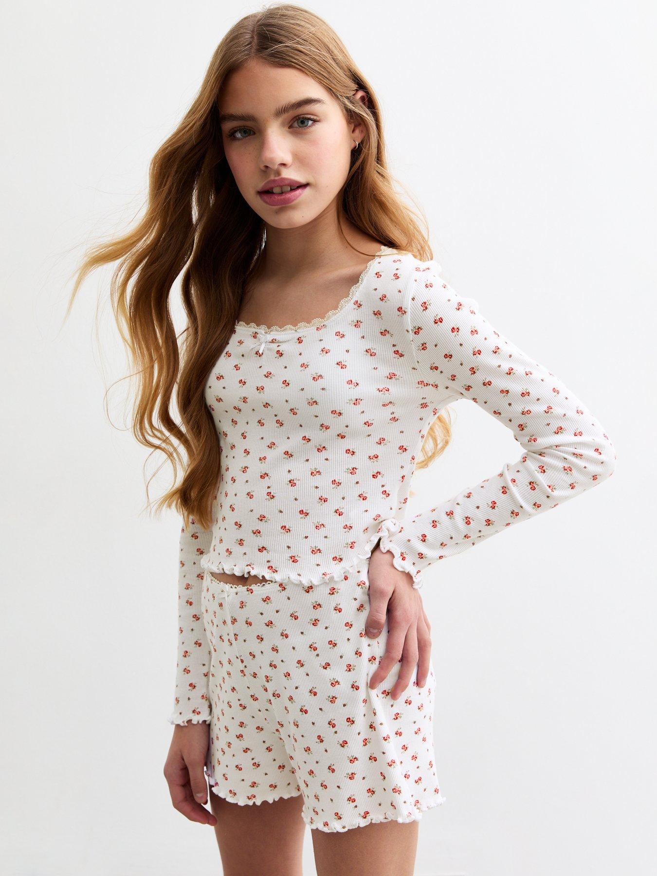 new-look-915-girls-ditsy-print-ribbed-pyjama-set-red