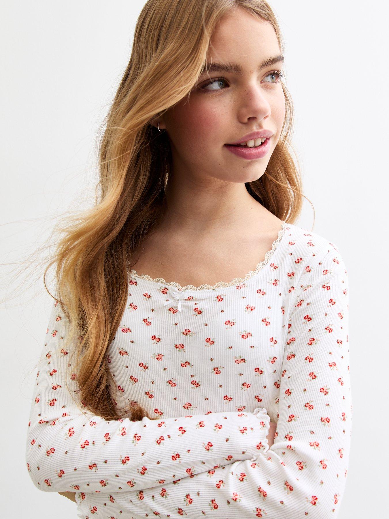  image of new-look-915-girls-ditsy-print-ribbed-pyjama-set-red