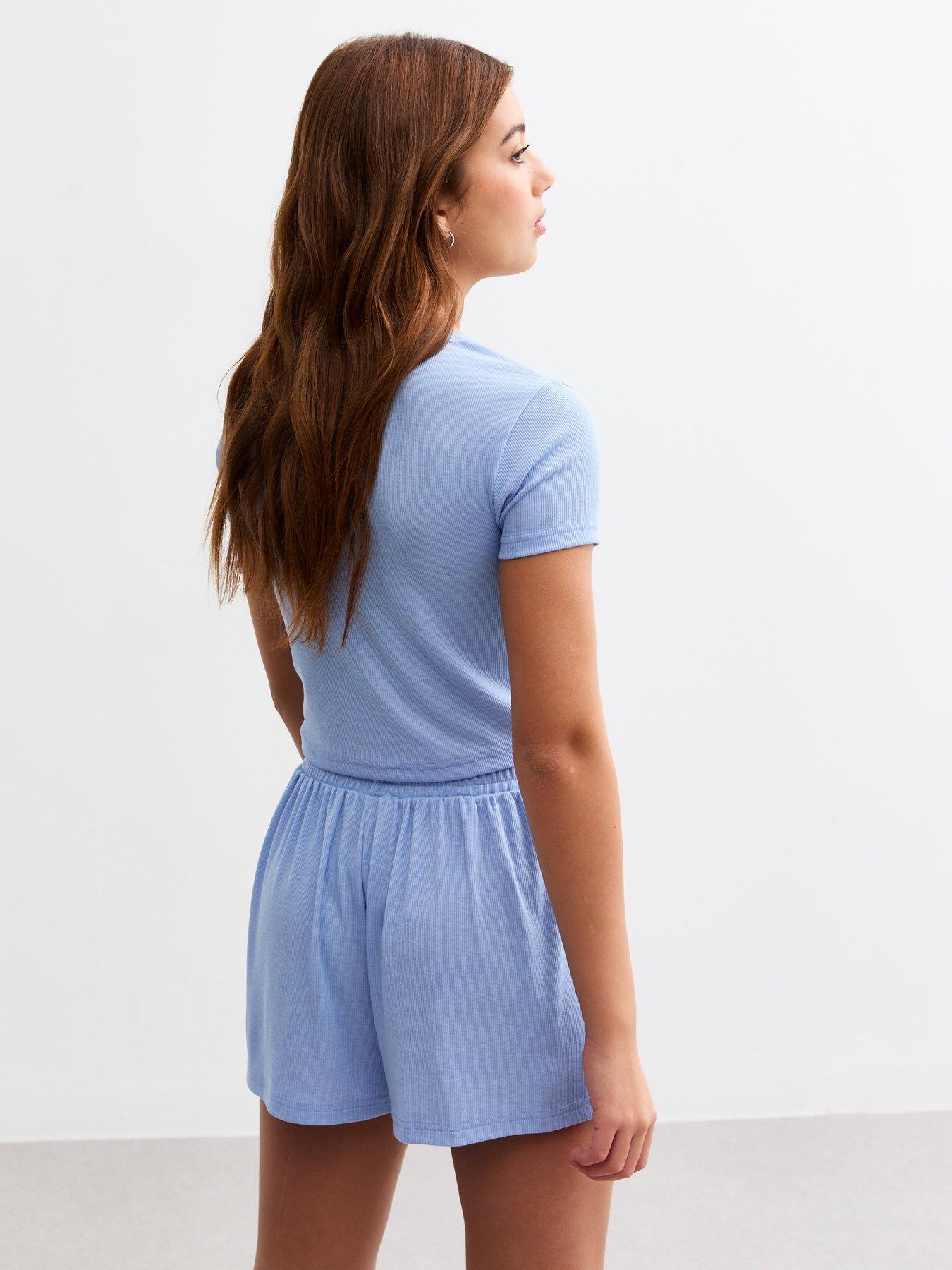  image of new-look-915-girls-ribbed-top-and-shorts-pyjamas-blue