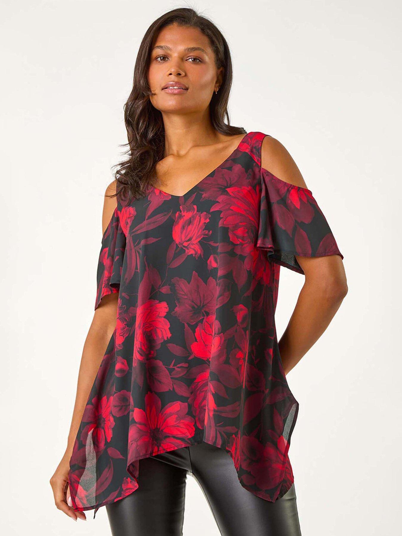 undefined Floral Print Cold Shoulder Asymmetric Top - Red