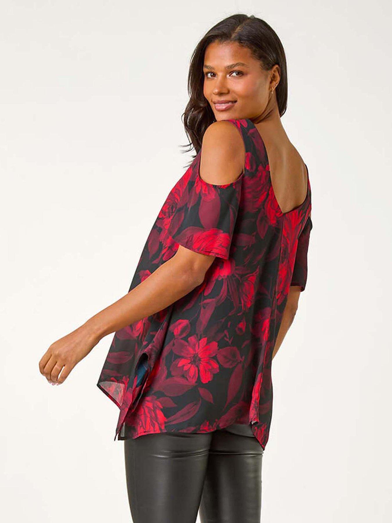 Image 2 of 5 of Roman Floral Print Cold Shoulder Asymmetric Top - Red