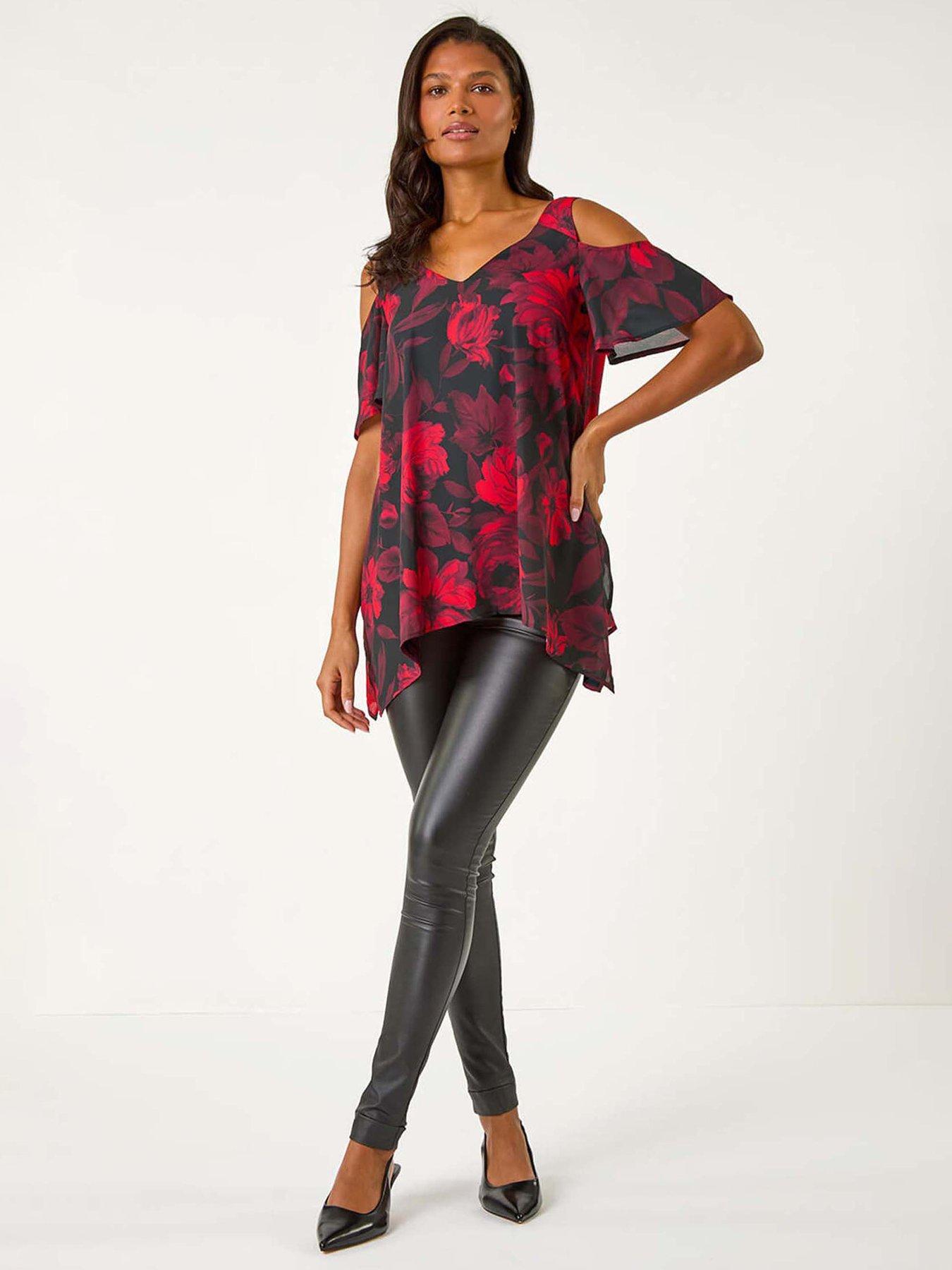 Image 3 of 5 of Roman Floral Print Cold Shoulder Asymmetric Top - Red