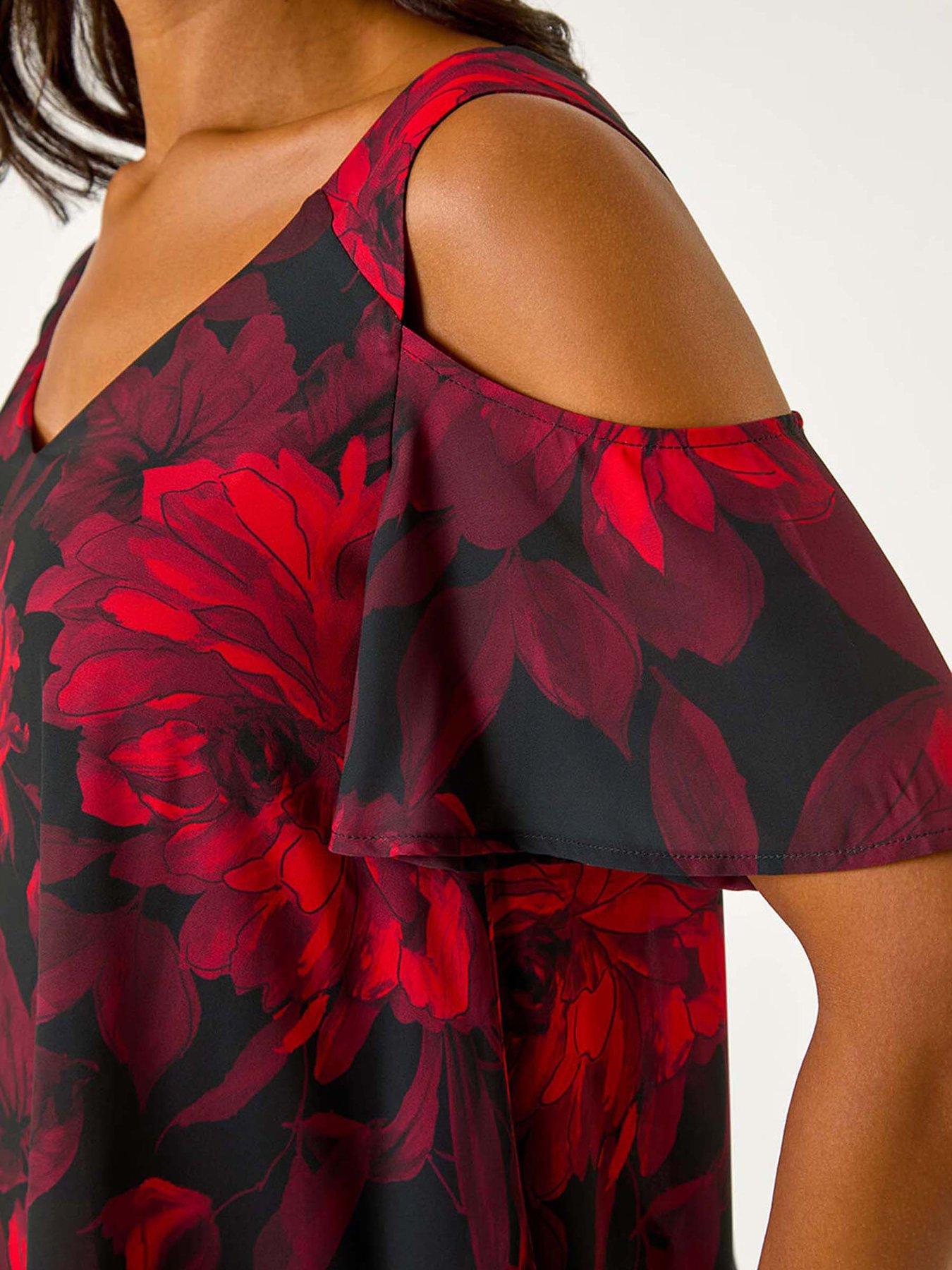 Image 5 of 5 of Roman Floral Print Cold Shoulder Asymmetric Top - Red