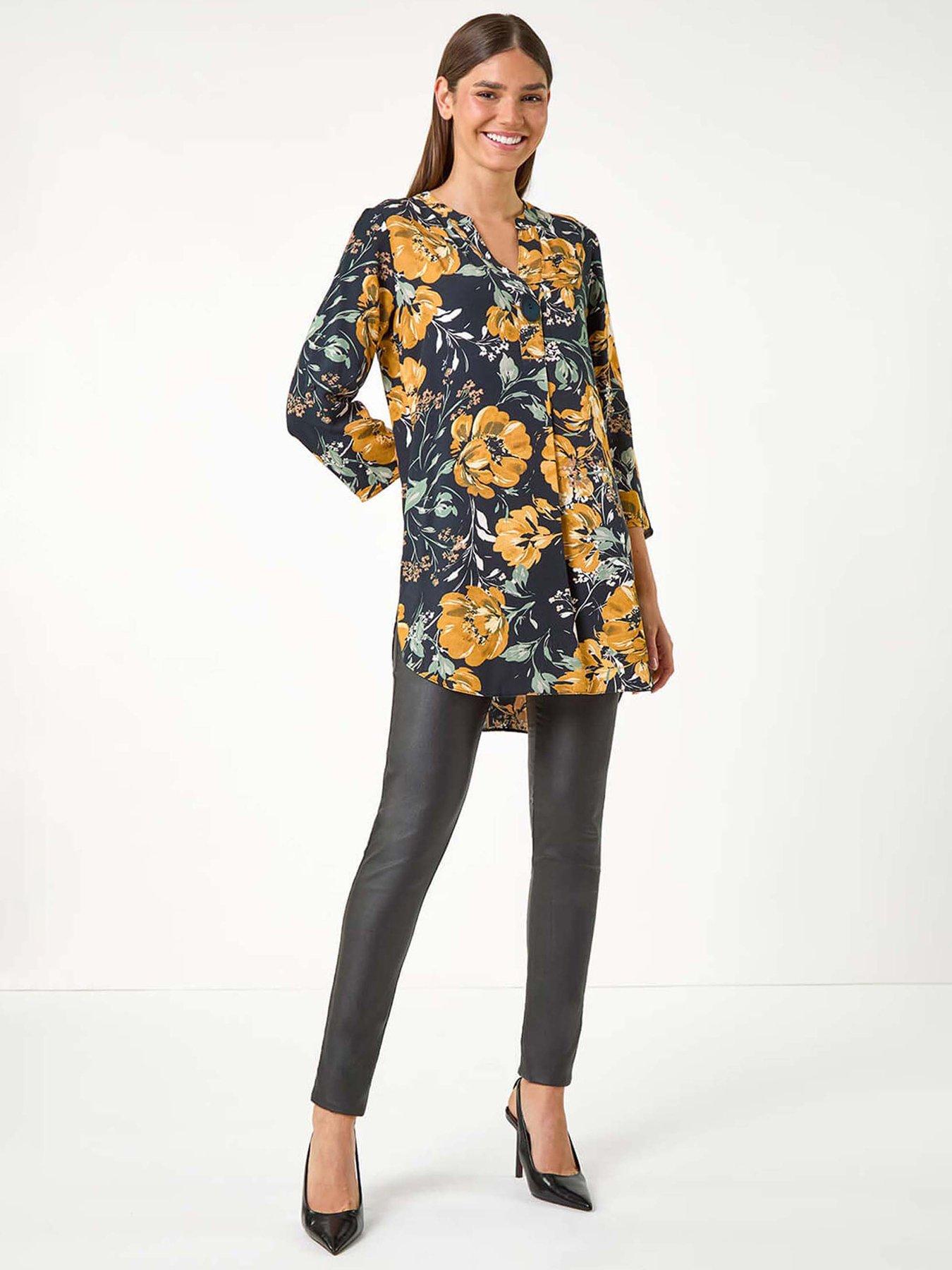 undefined Floral Print V-neck Button Detail Tunic Top - Red