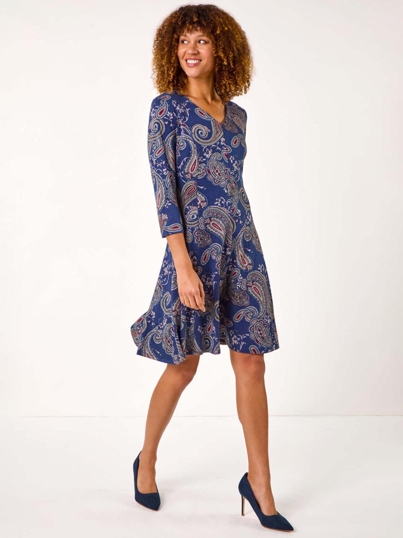  image of roman-paisley-print-panel-dress-navy