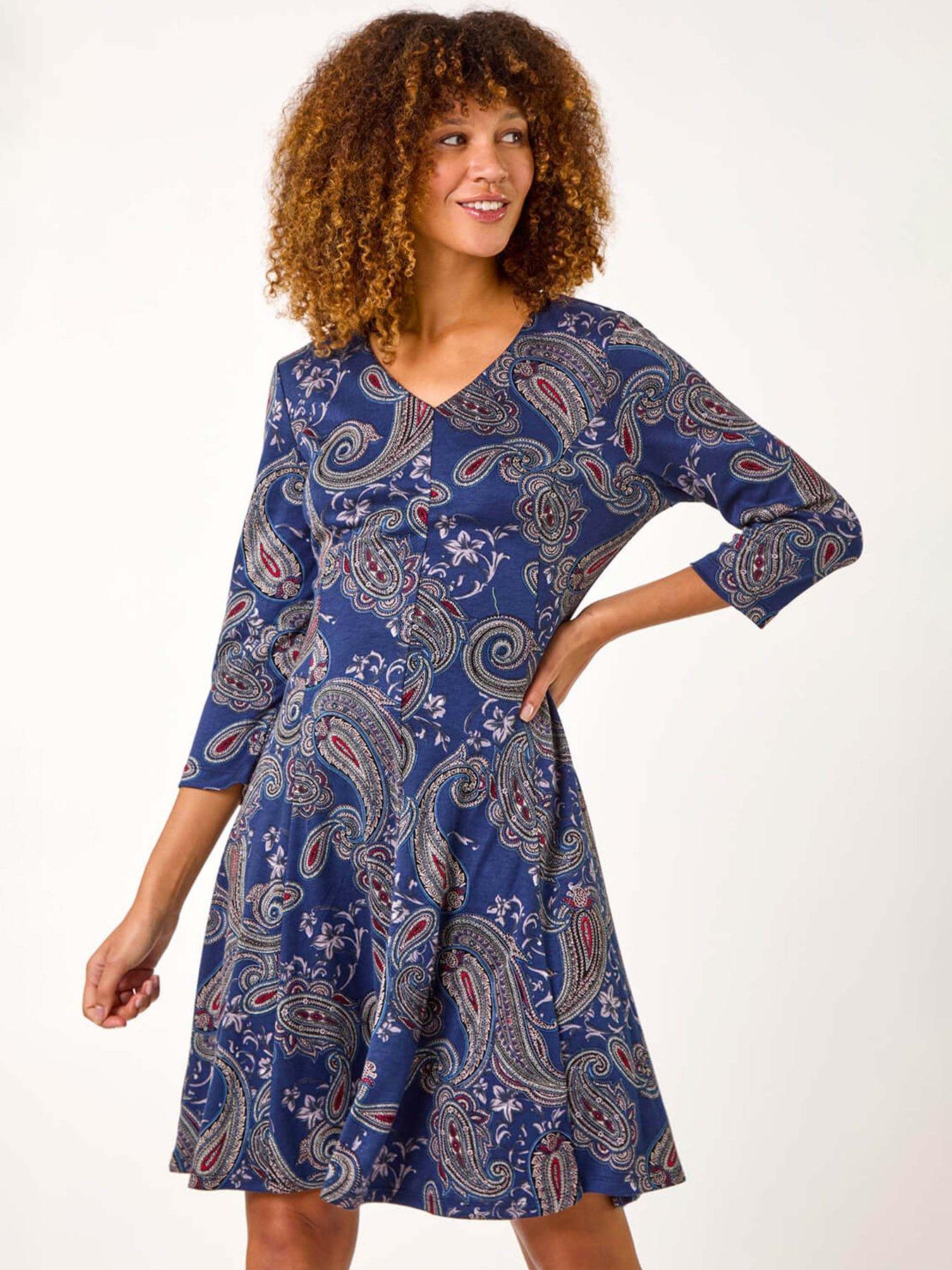  image of roman-paisley-print-panel-dress-navy