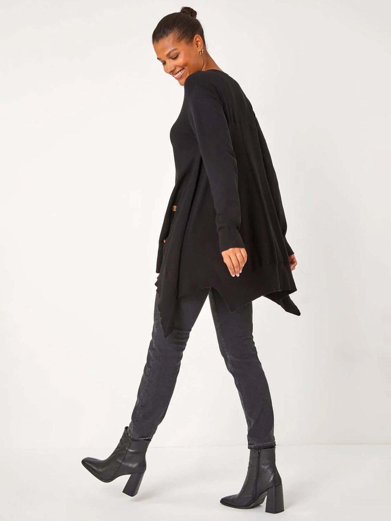 Image 2 of 5 of Roman Buttoned Side Hanky Hem Jumper - Black