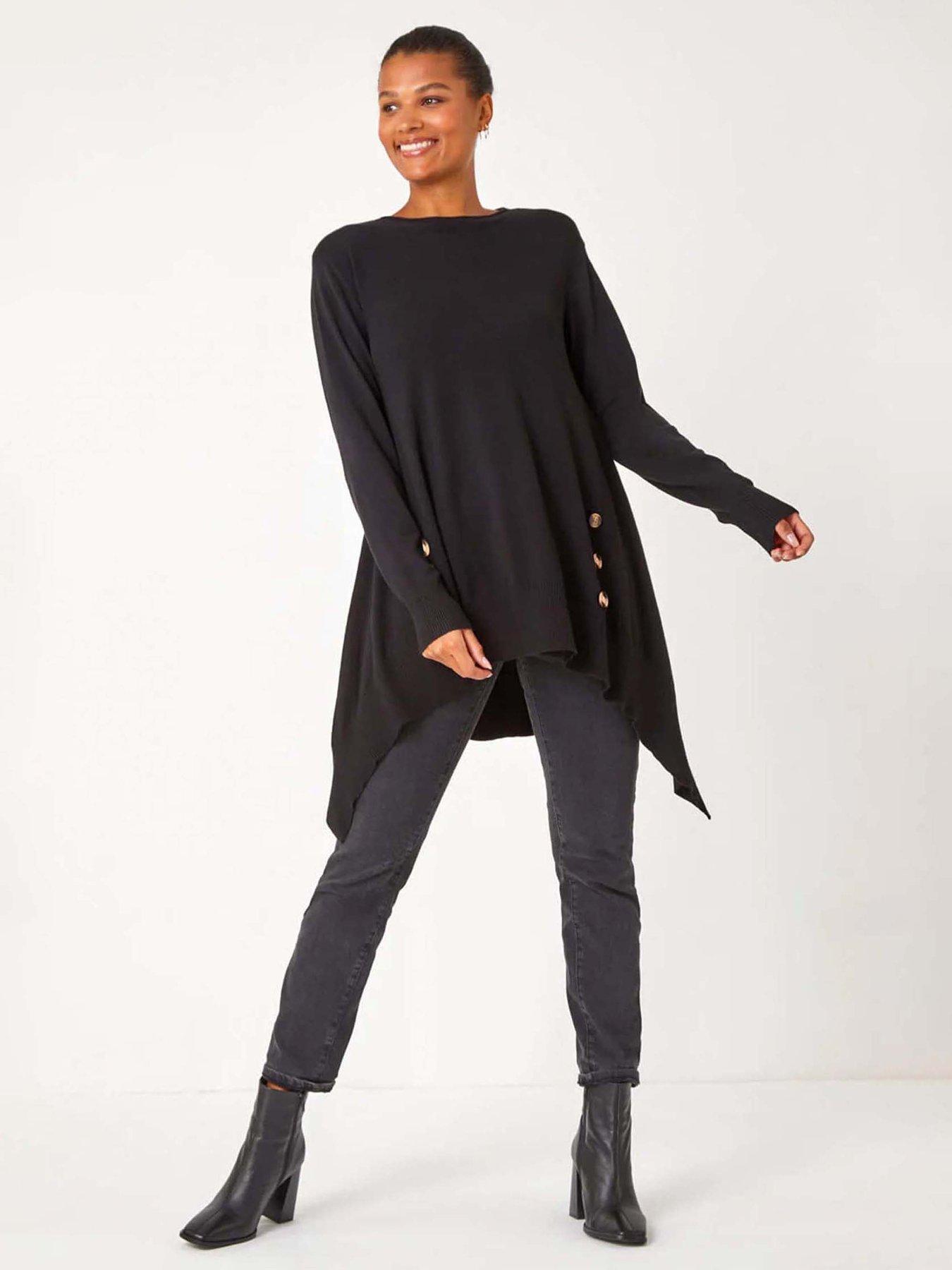 Image 3 of 5 of Roman Buttoned Side Hanky Hem Jumper - Black