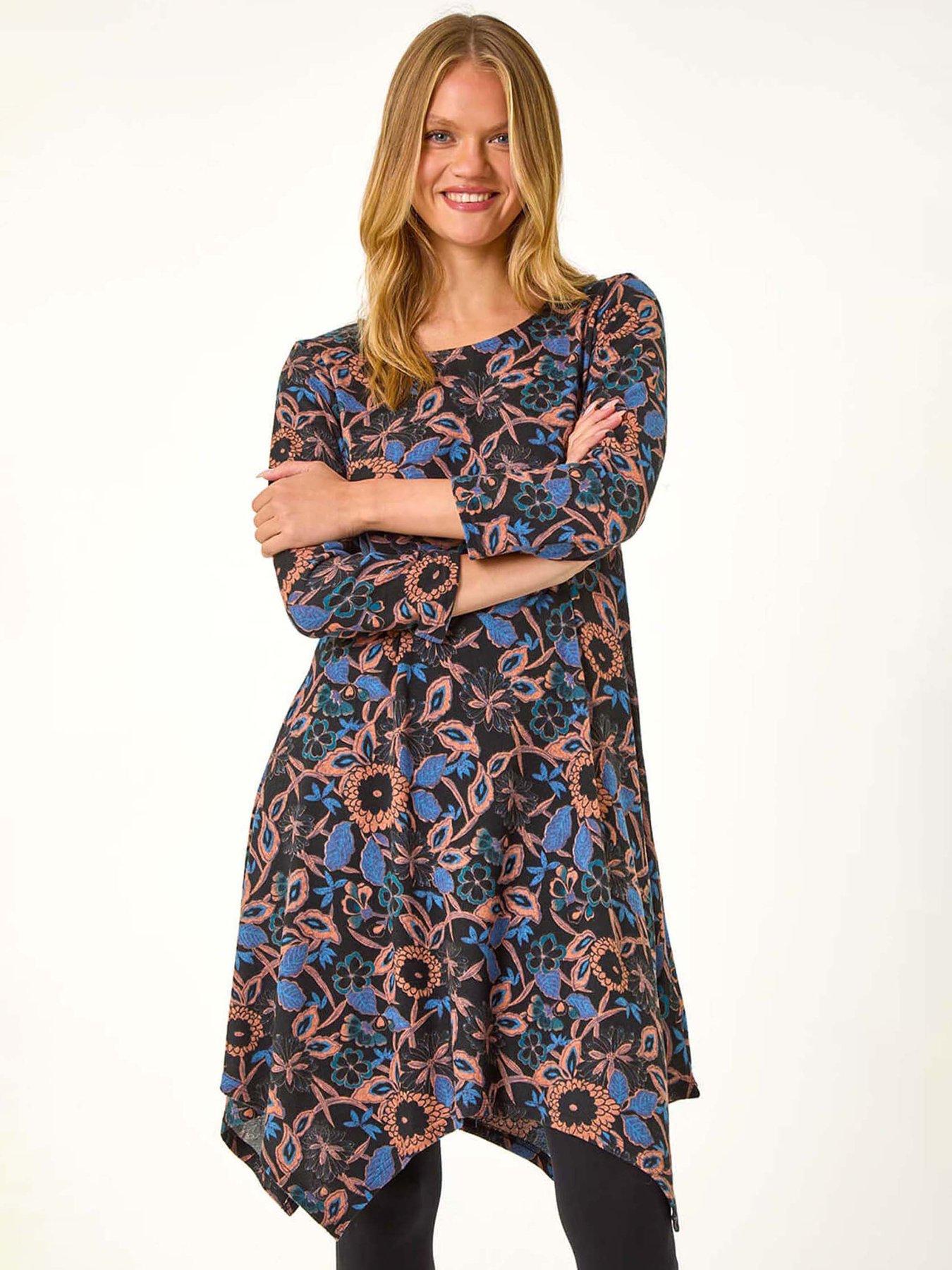  image of roman-floral-print-hanky-hem-stretch-dress-navy