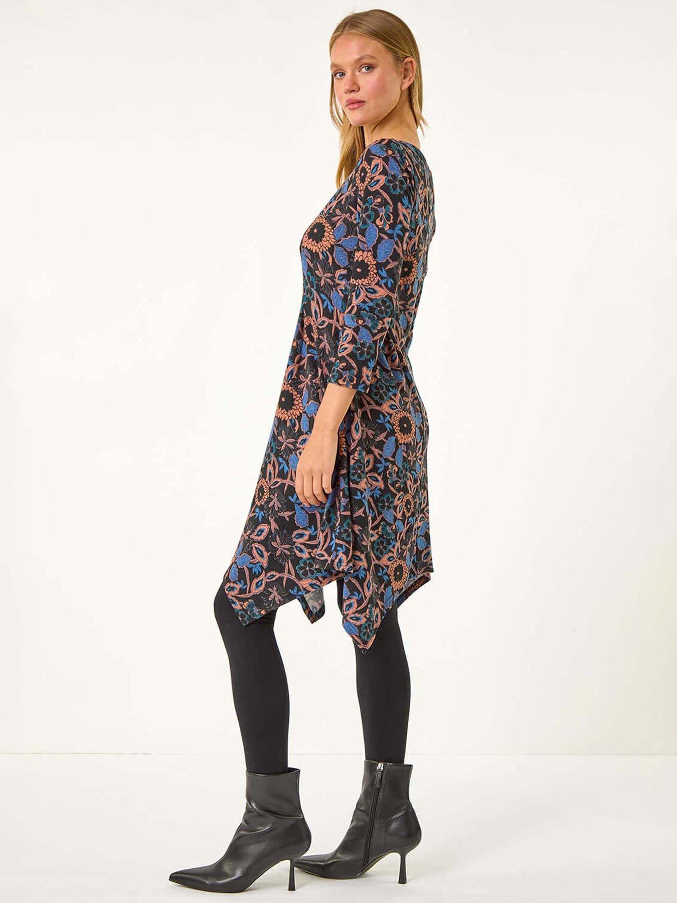  image of roman-floral-print-hanky-hem-stretch-dress-navy