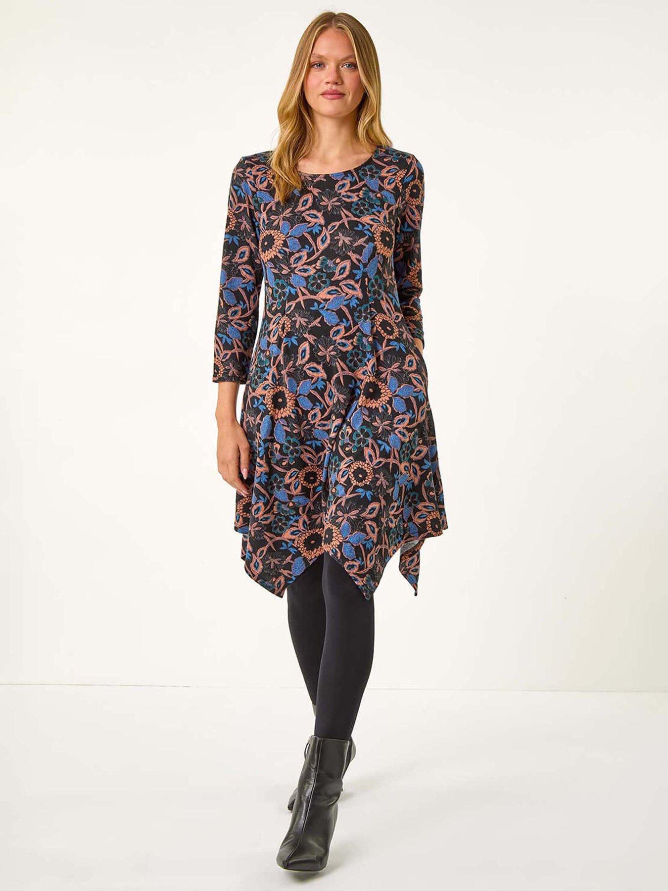  image of roman-floral-print-hanky-hem-stretch-dress-navy