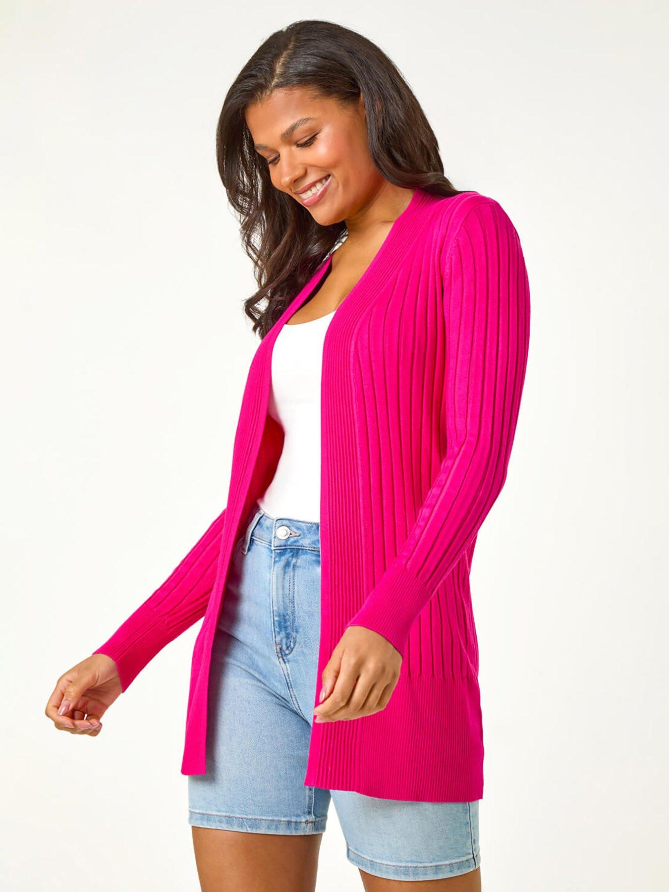 front image of roman-longline-stretch-ribbed-cardigan-pink