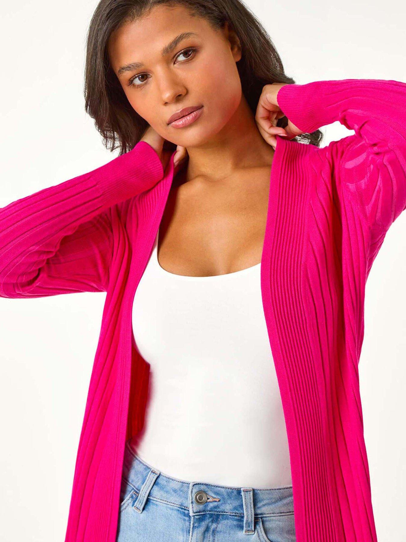  image of roman-longline-stretch-ribbed-cardigan-pink