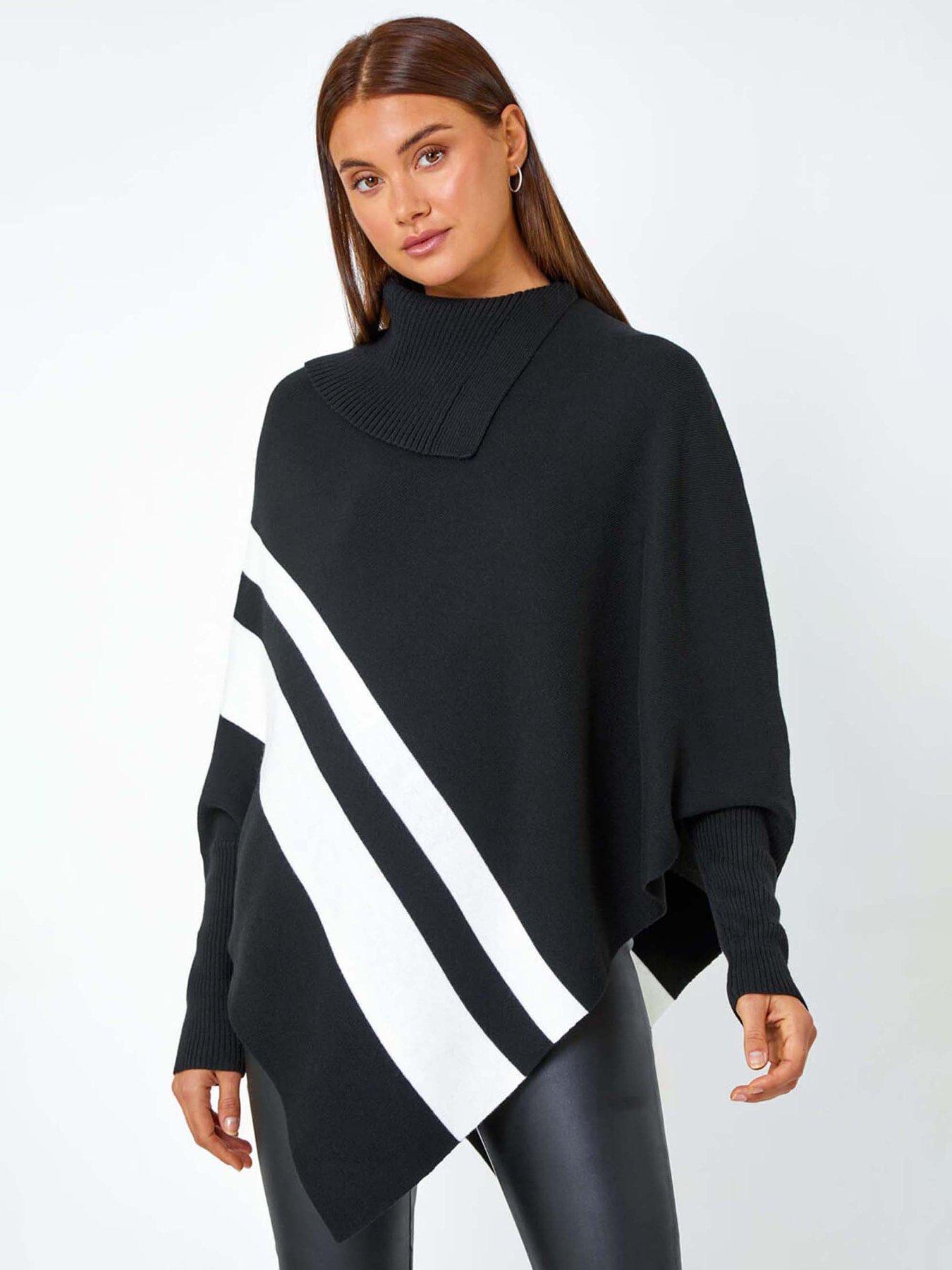 Roman Roll Neck Wool Blend Stripe Poncho - Black