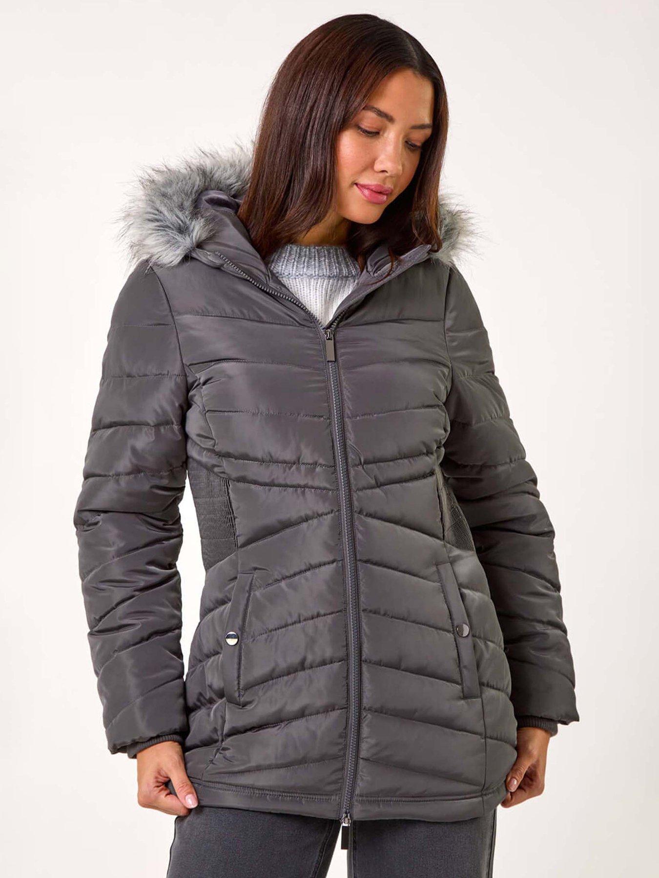 undefined Faux Fur Hooded Quilt Coat - Grey