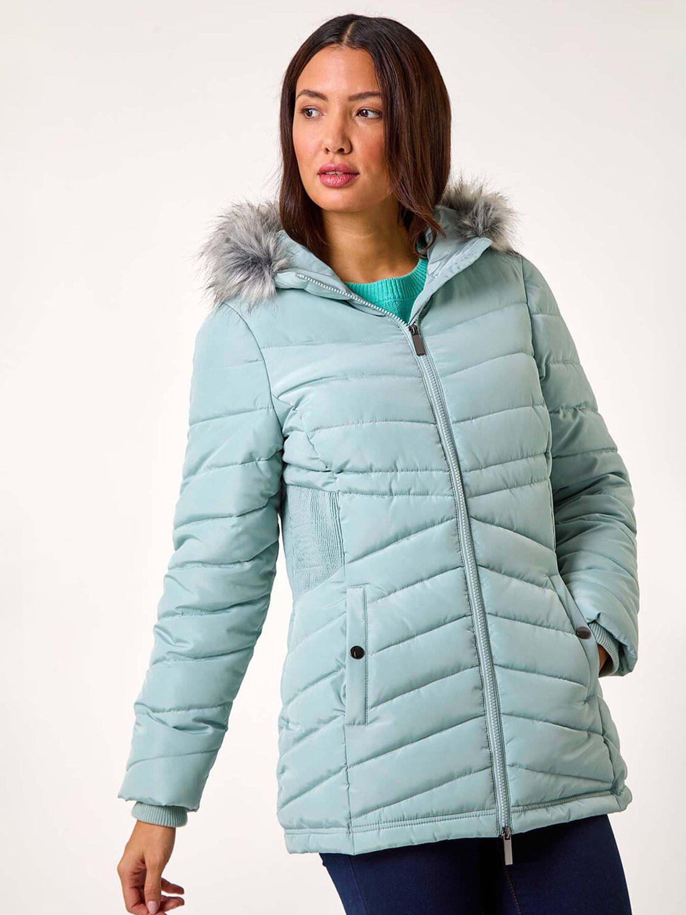 undefined Faux Fur Hooded Quilt Coat - Green