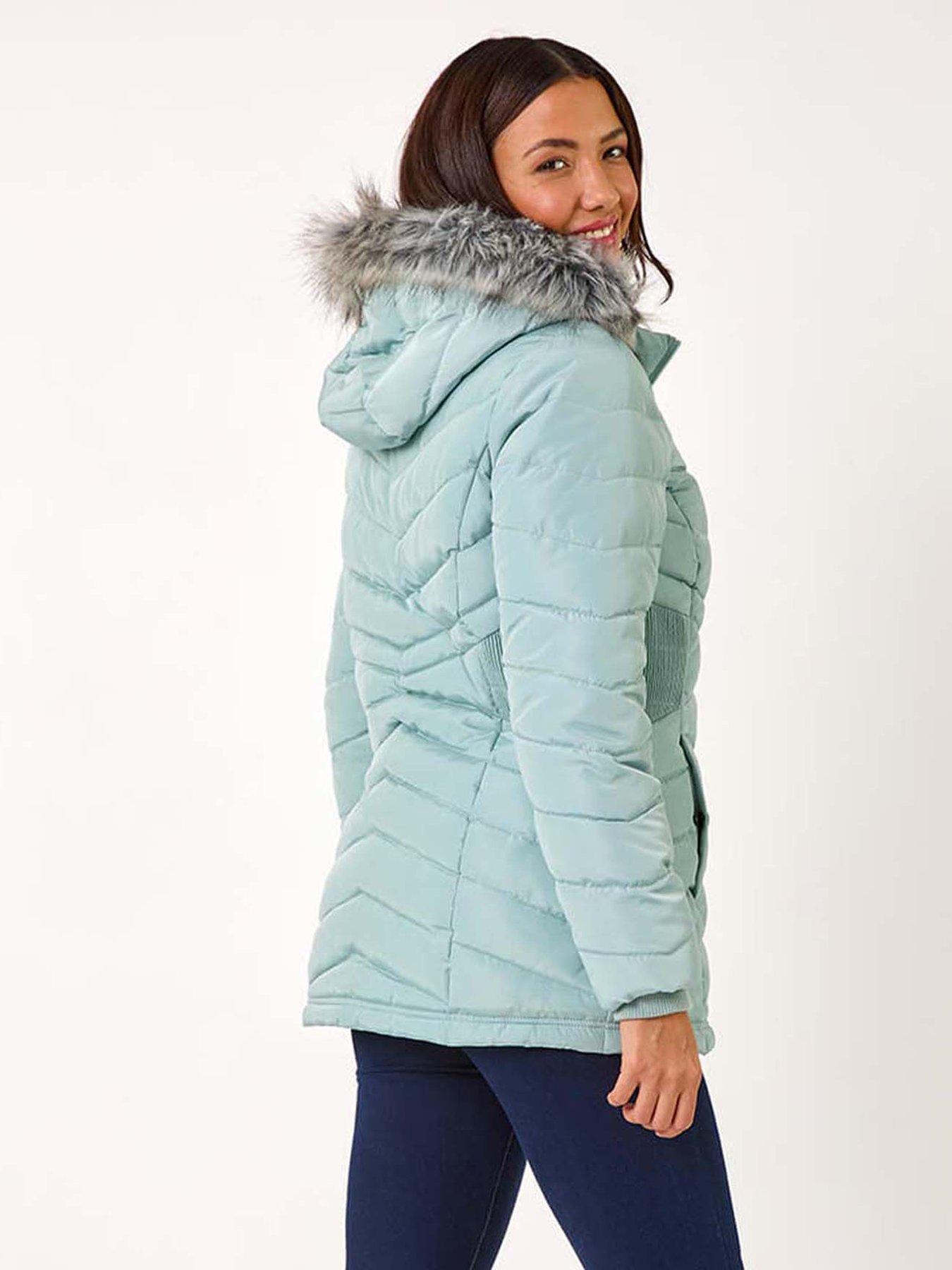 Image 2 of 5 of Roman Faux Fur Hooded Quilt Coat - Green