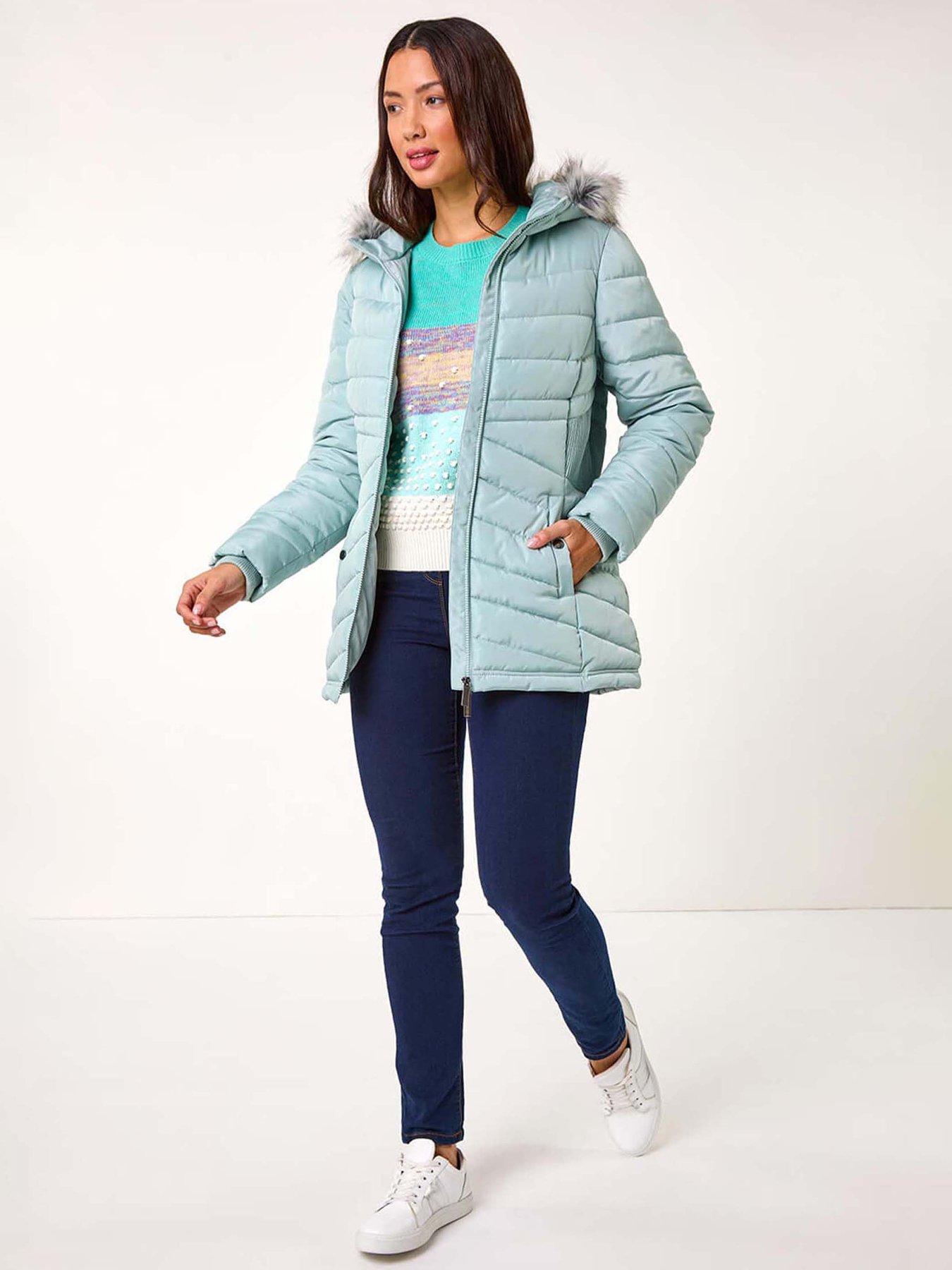 Image 3 of 5 of Roman Faux Fur Hooded Quilt Coat - Green