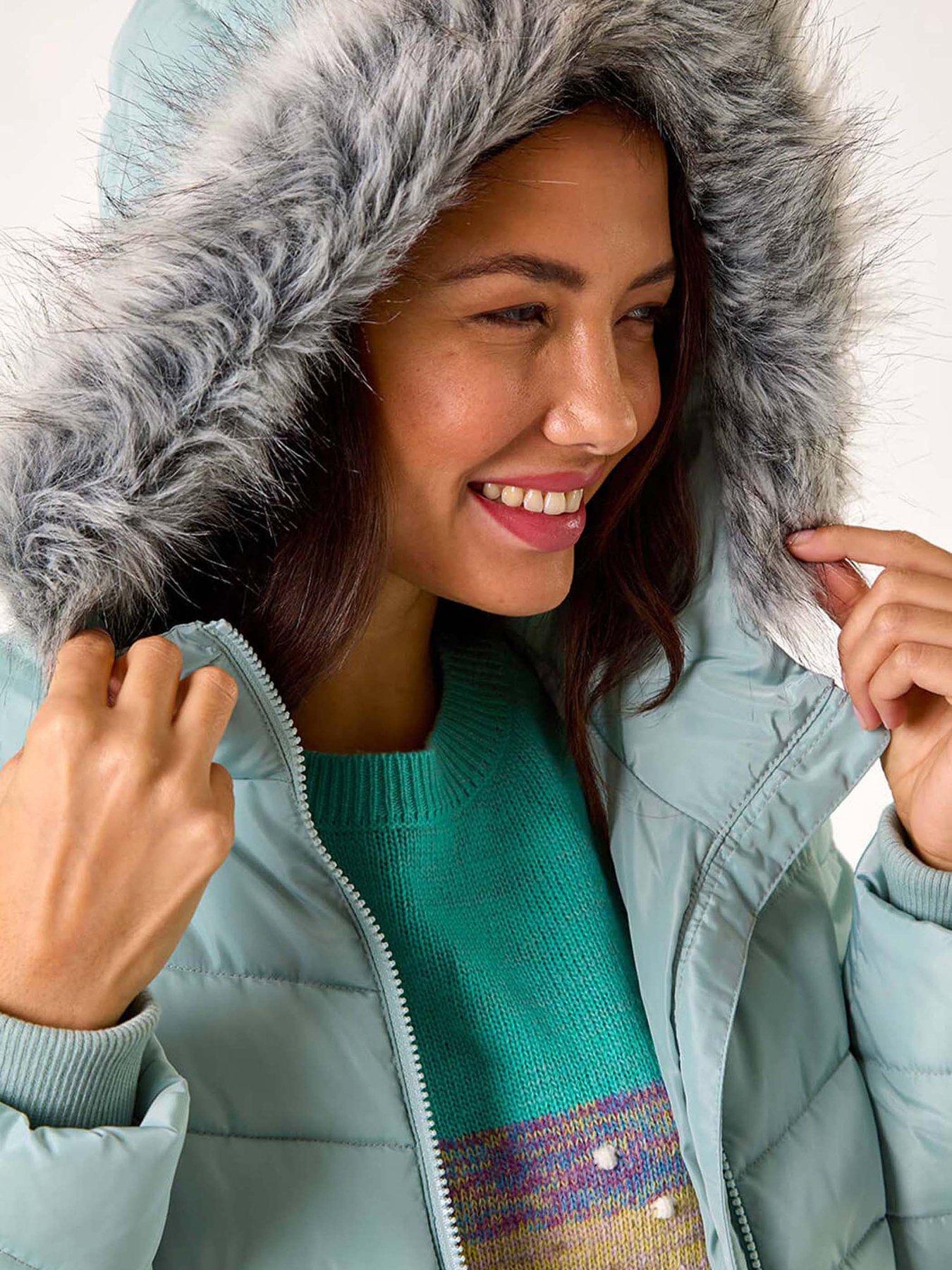 Image 4 of 5 of Roman Faux Fur Hooded Quilt Coat - Green