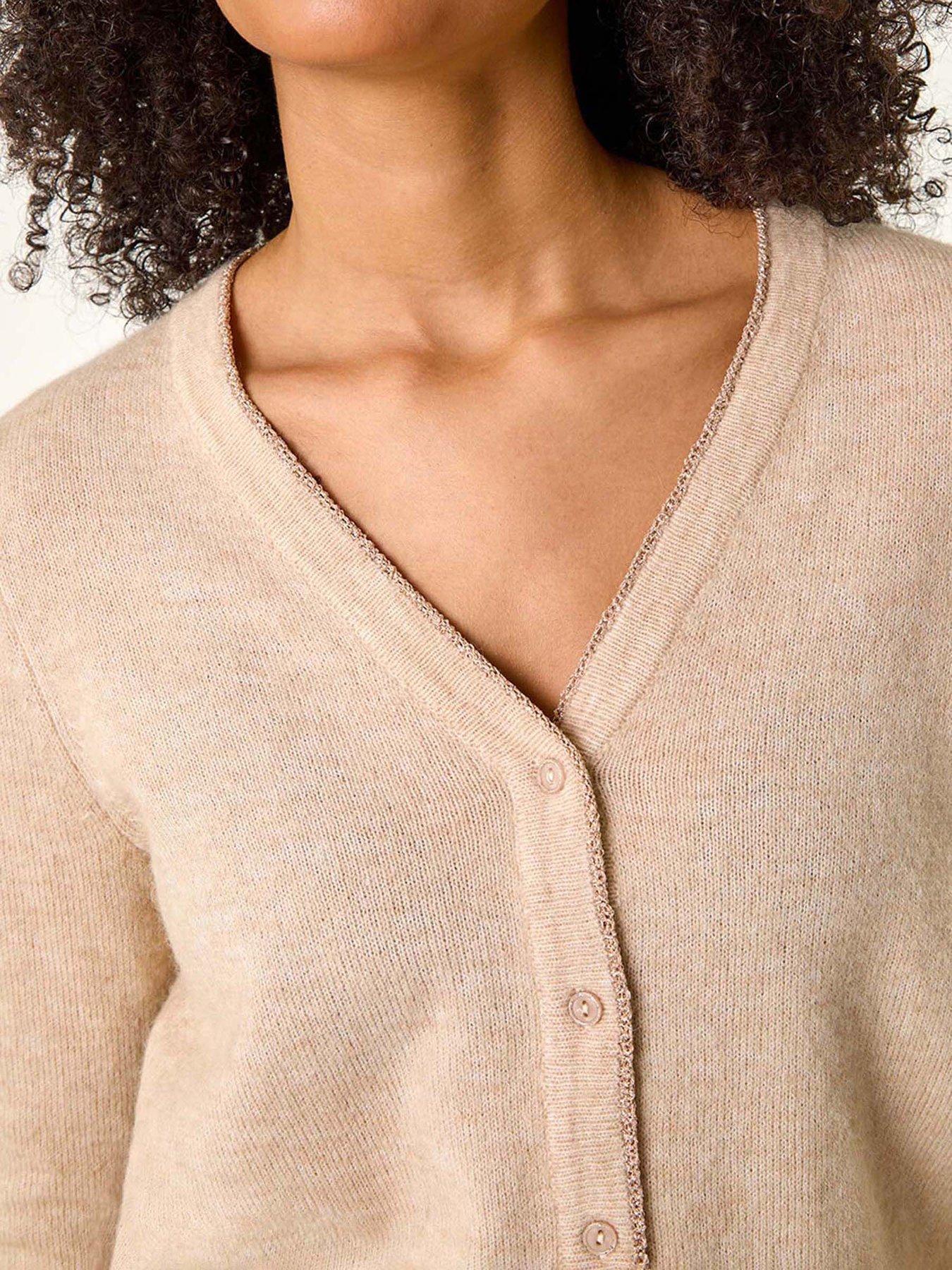  image of roman-shimmer-v-neck-ribbed-cardigan-beige