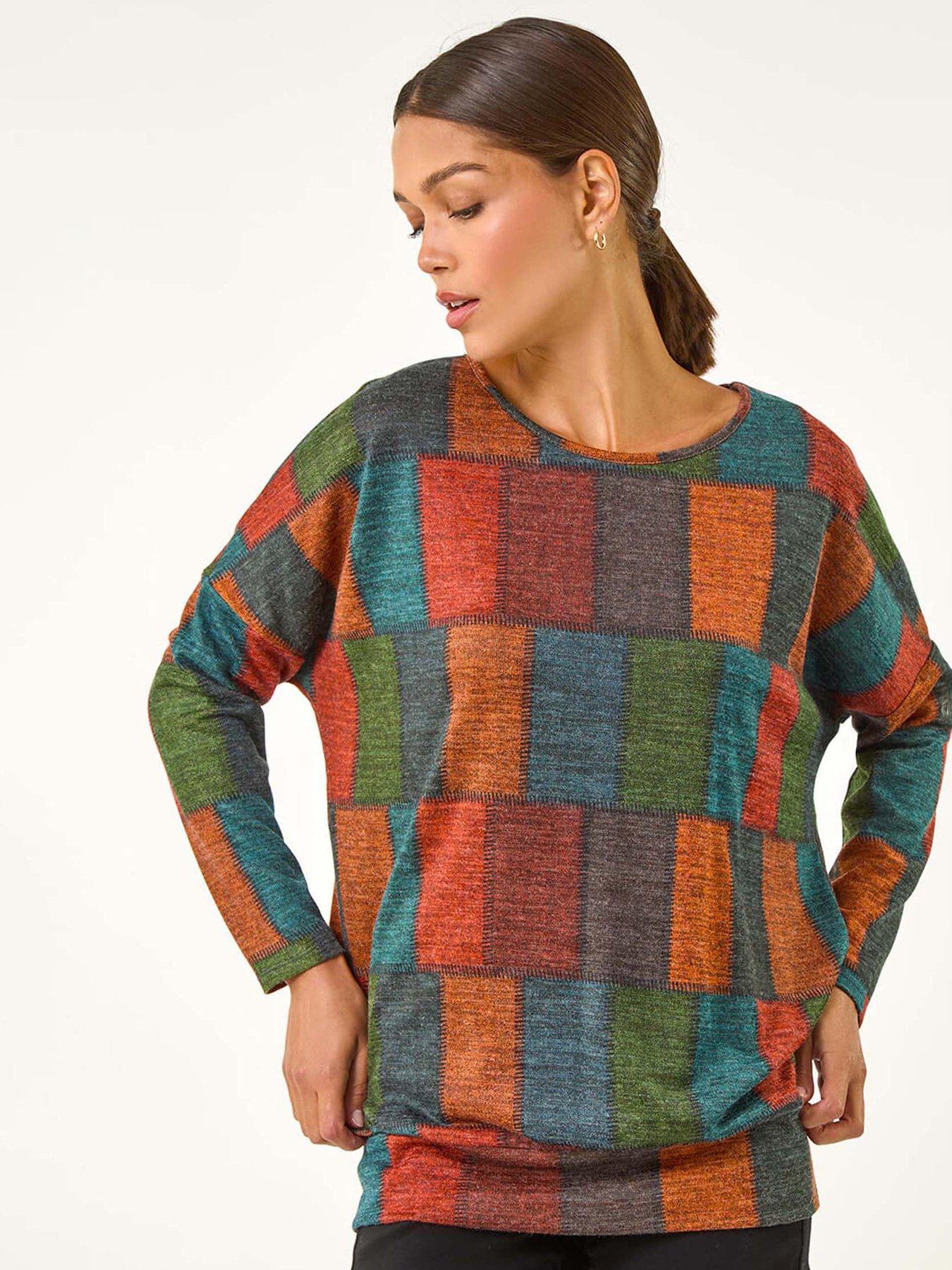 Roman Patchwork Print Drop Shoulder Stretch Top - Red