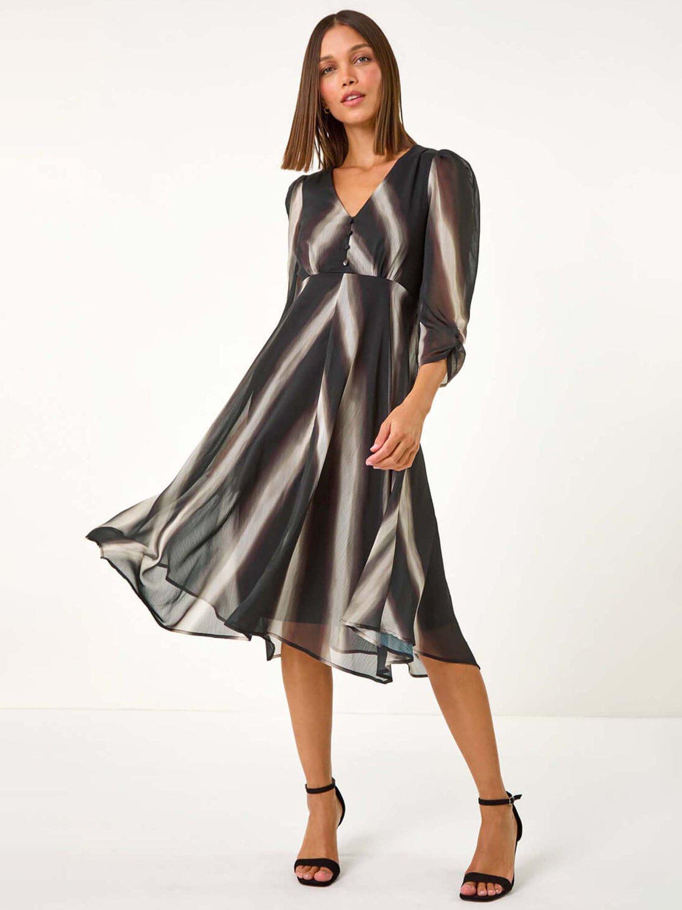 roman-stripe-print-v-neck-hanky-hem-midi-dress-black