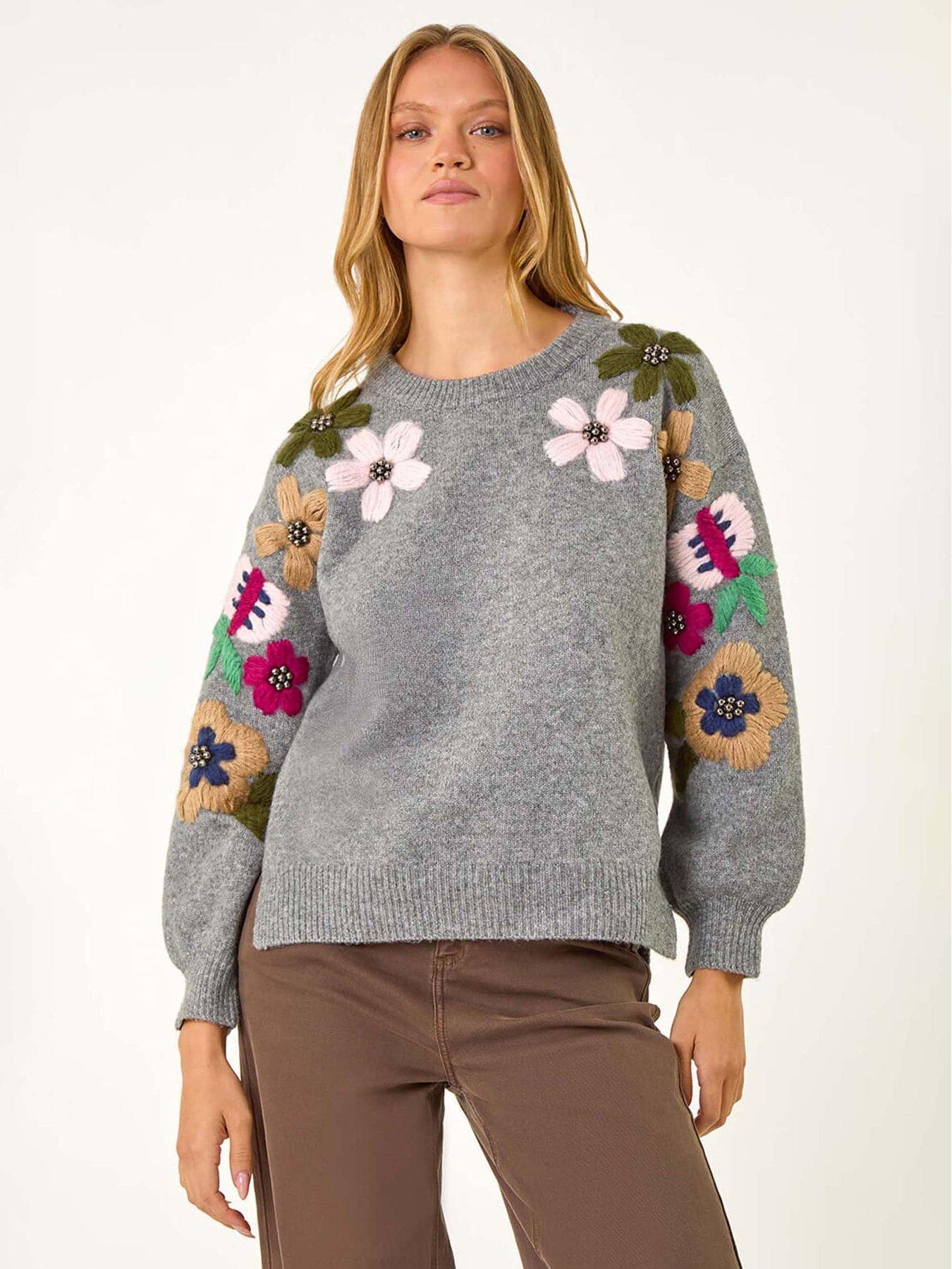  image of roman-floral-embellished-jumper-grey