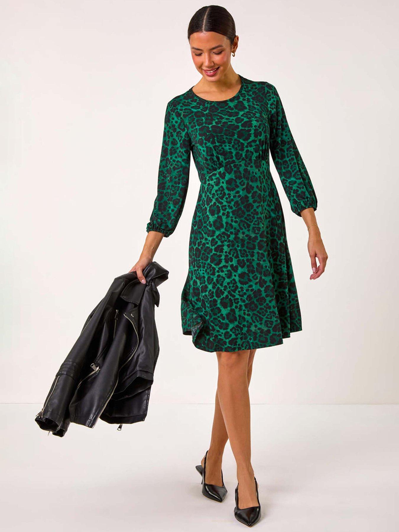 roman-animal-print-a-line-gathered-dress-green