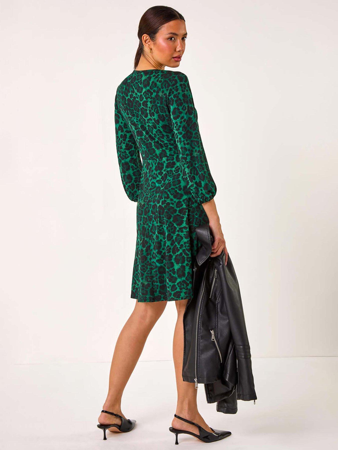  image of roman-animal-print-a-line-gathered-dress-green