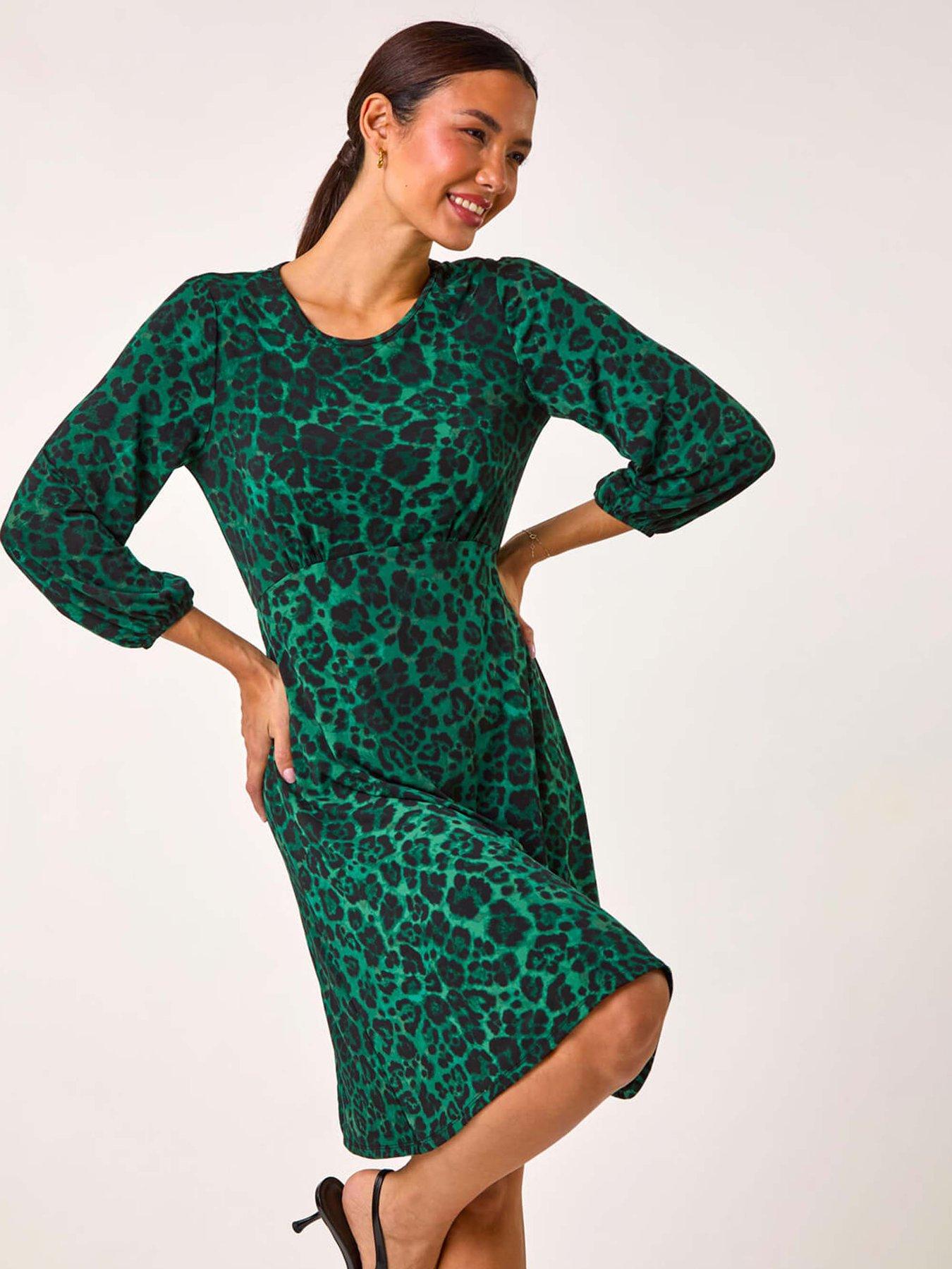  image of roman-animal-print-a-line-gathered-dress-green