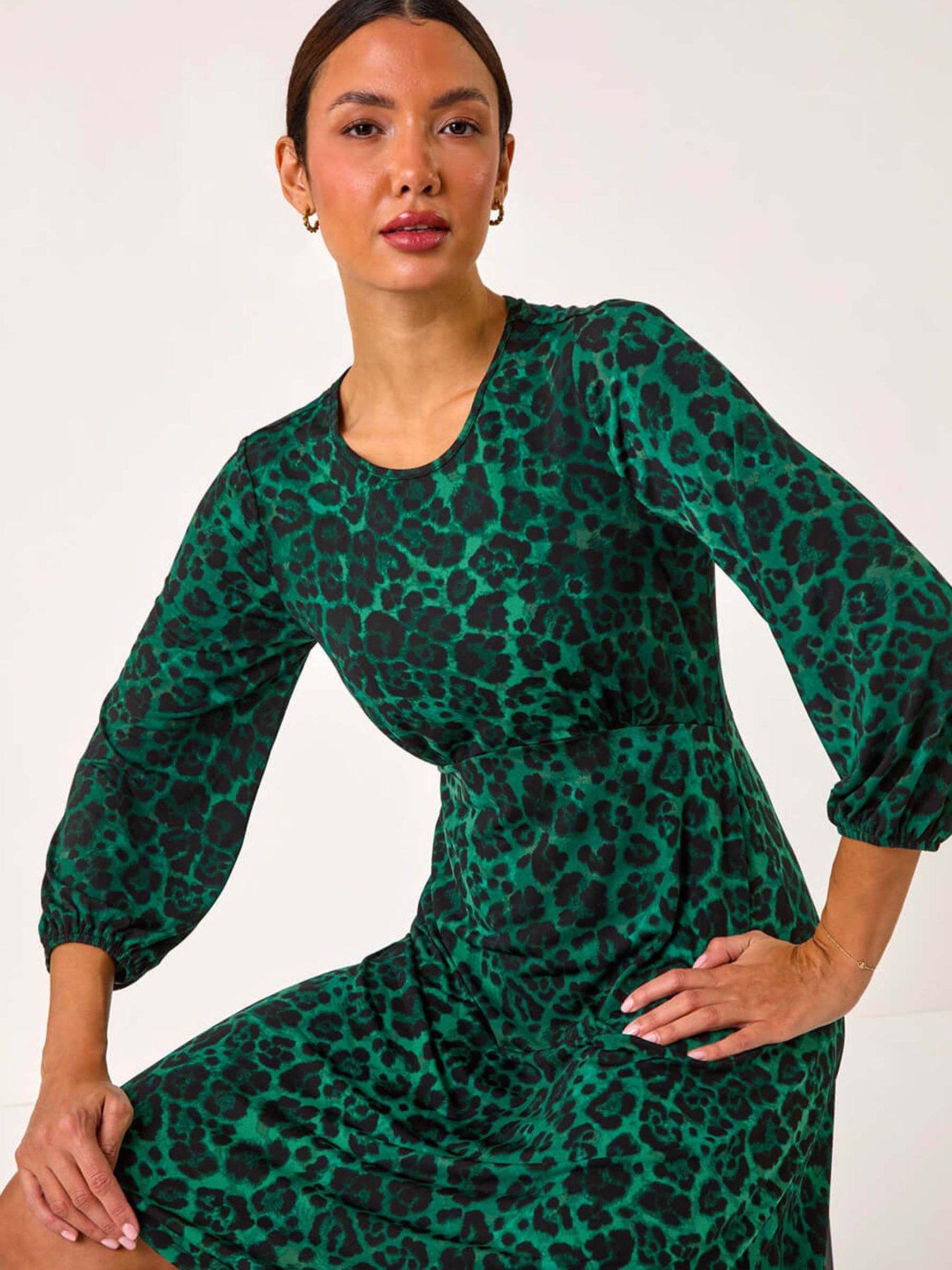  image of roman-animal-print-a-line-gathered-dress-green