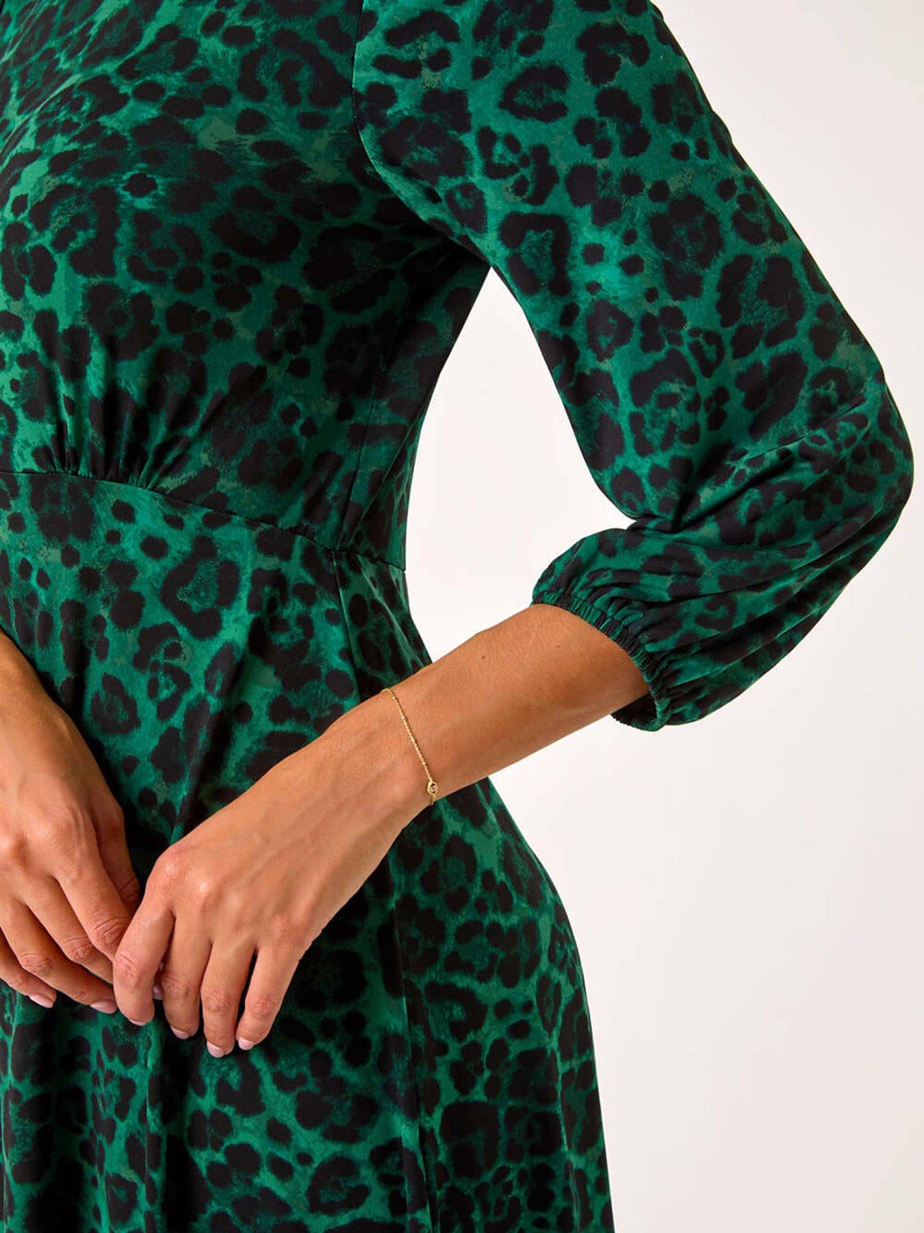  image of roman-animal-print-a-line-gathered-dress-green