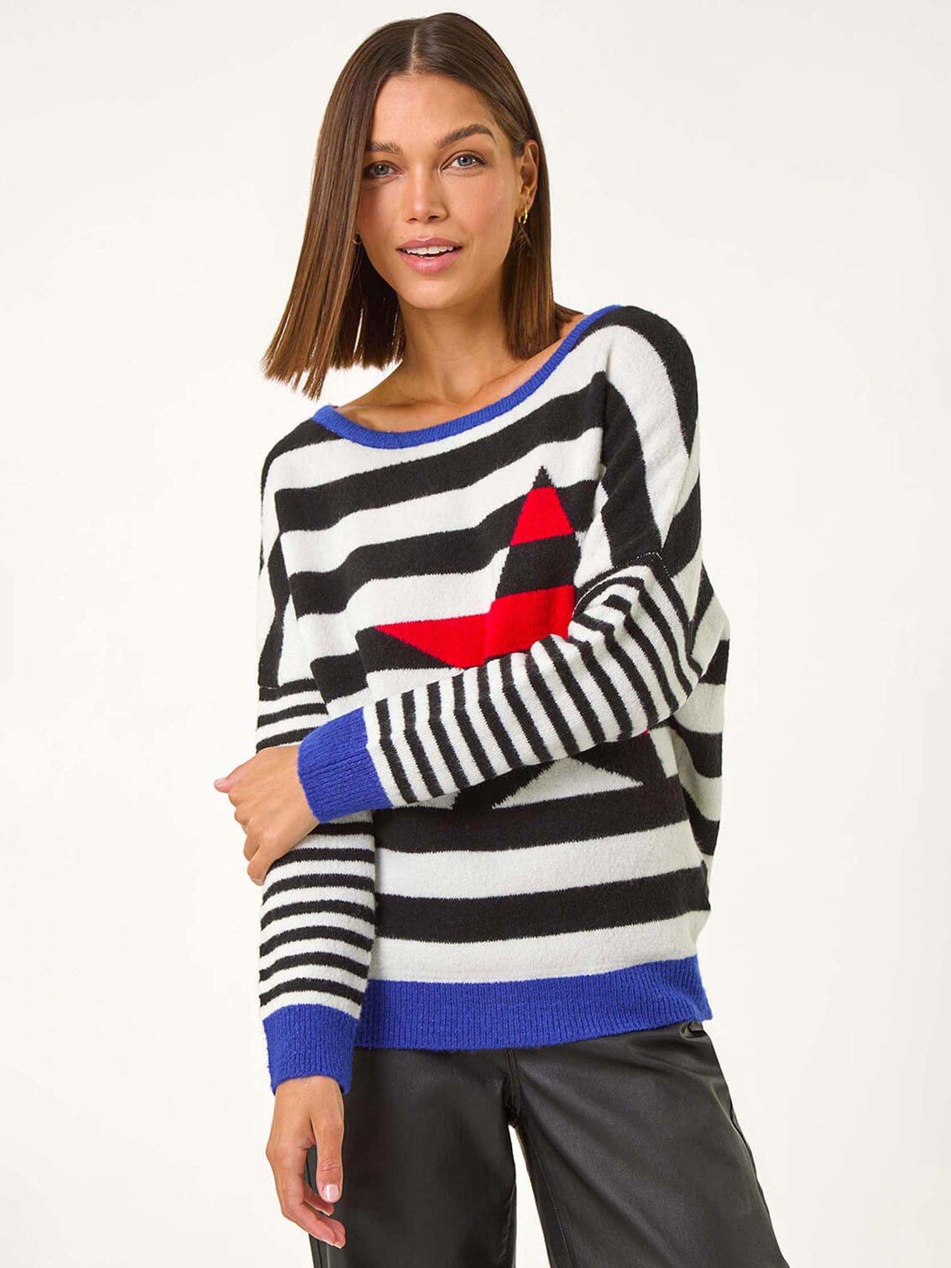  image of roman-star-striped-colour-block-knit-jumper-black