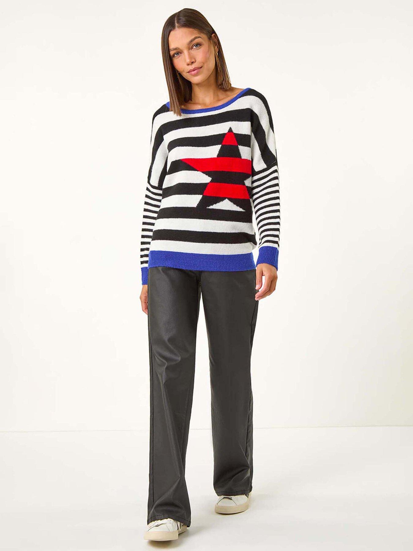  image of roman-star-striped-colour-block-knit-jumper-black