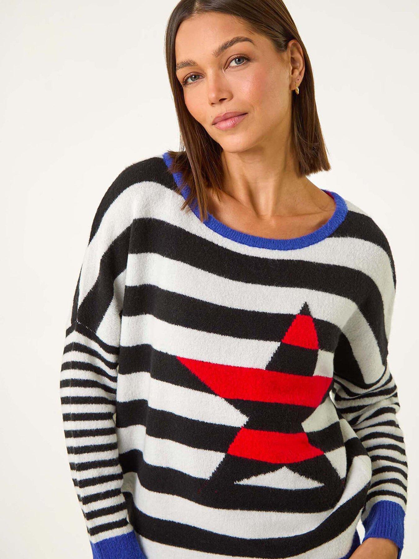  image of roman-star-striped-colour-block-knit-jumper-black
