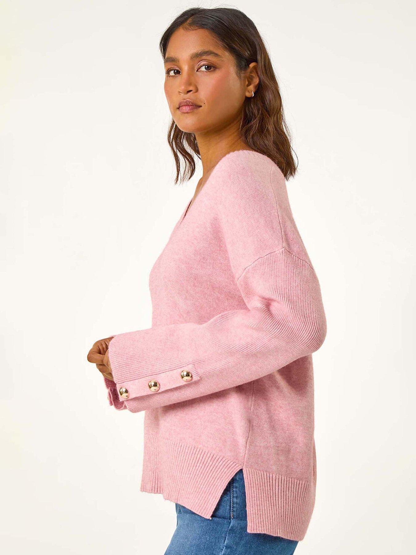  image of roman-button-detail-v-neck-jumper-pink