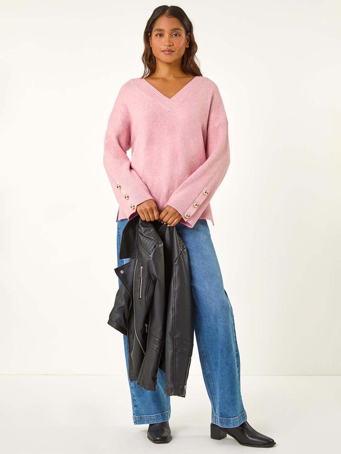  image of roman-button-detail-v-neck-jumper-pink