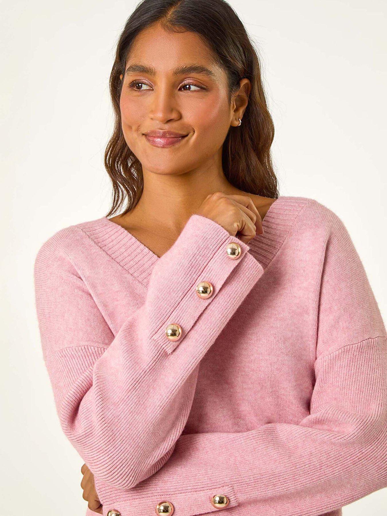  image of roman-button-detail-v-neck-jumper-pink