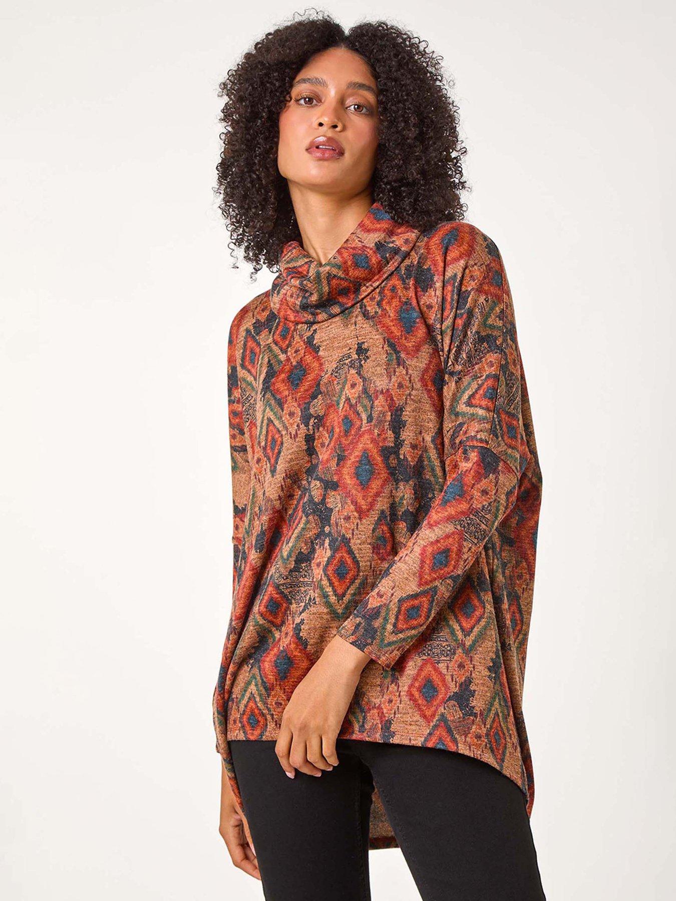 Roman Aztec Print Cowl Neck Tunic Top - Beige