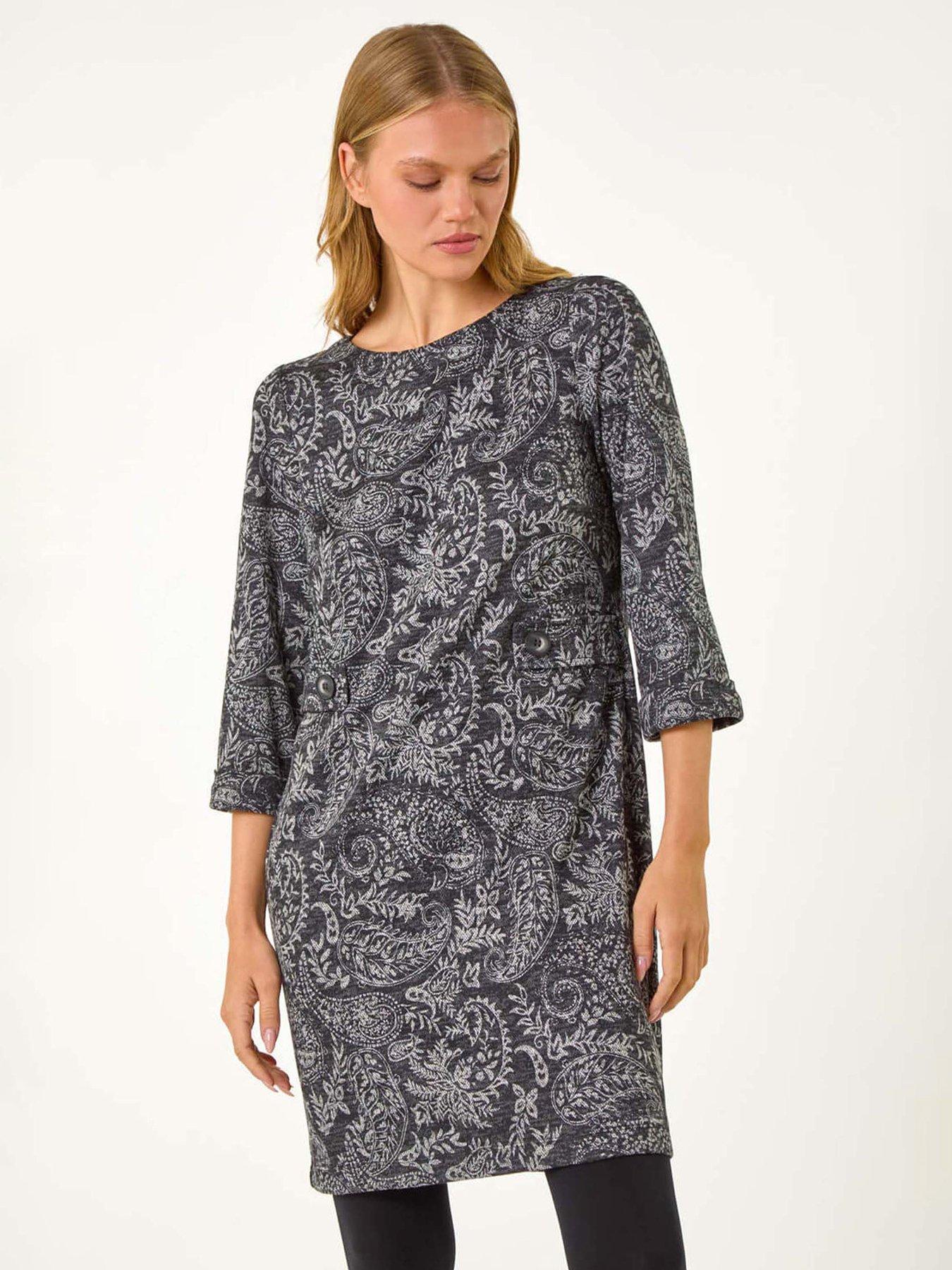  image of roman-paisley-button-detail-shift-dress-grey