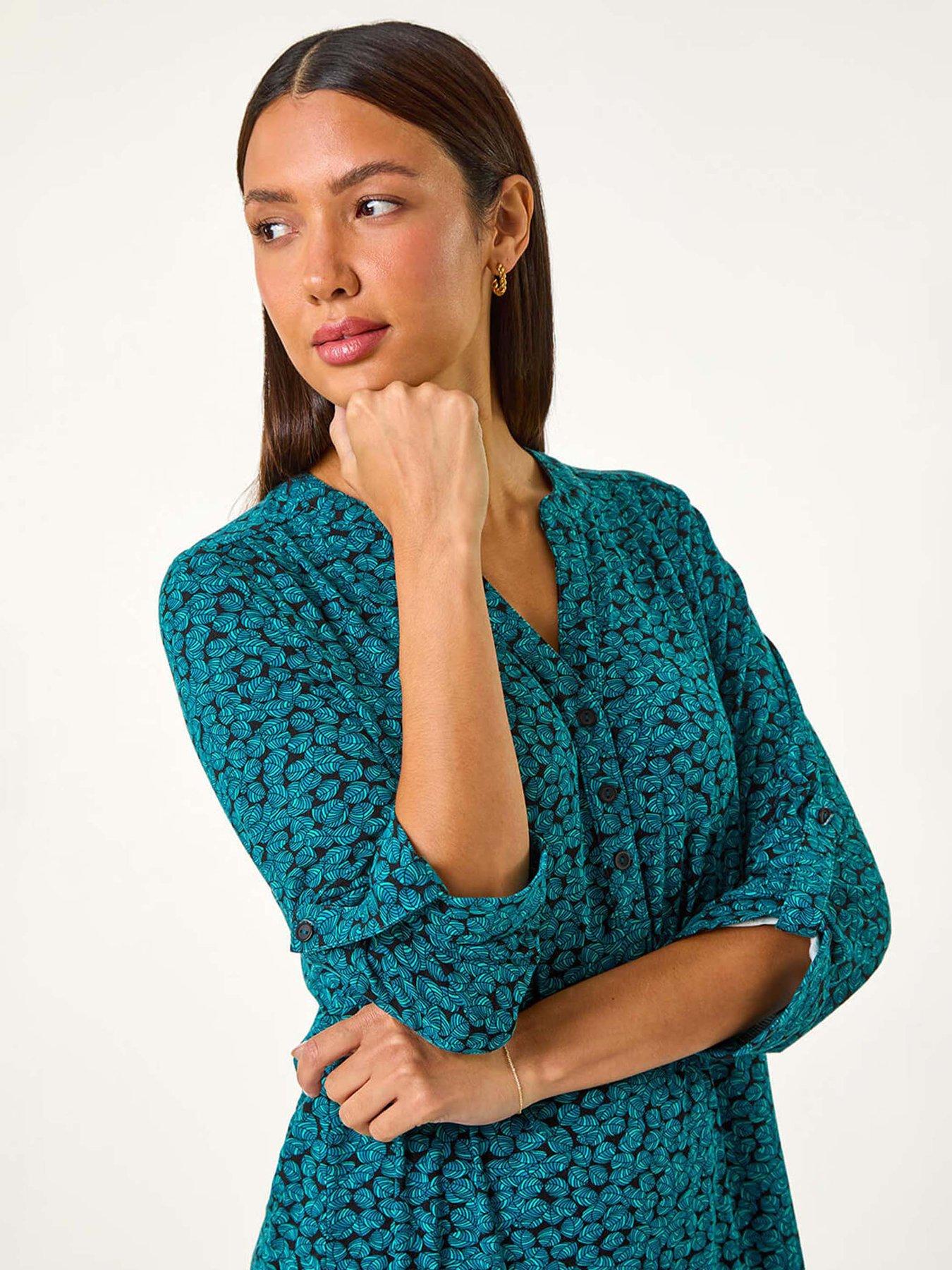  image of roman-leaf-print-button-detail-shirt-green