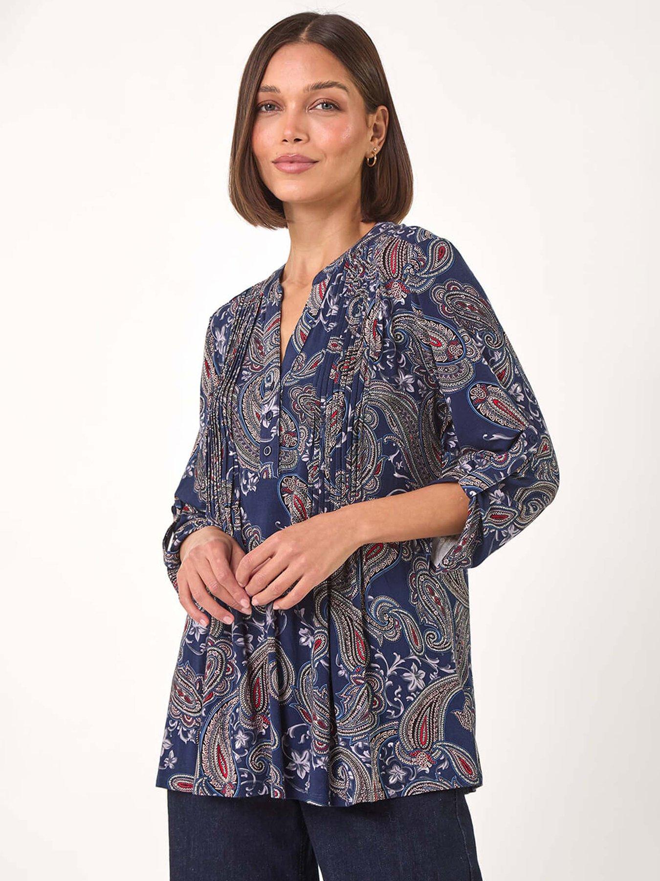  image of roman-paisley-print-pintuck-stretch-shirt-navy